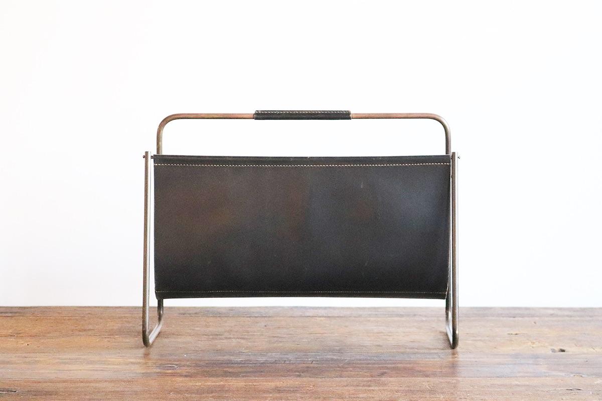 Mid-20th Century Carl Aubock Brass and Black Leather Magazine Holder For Sale