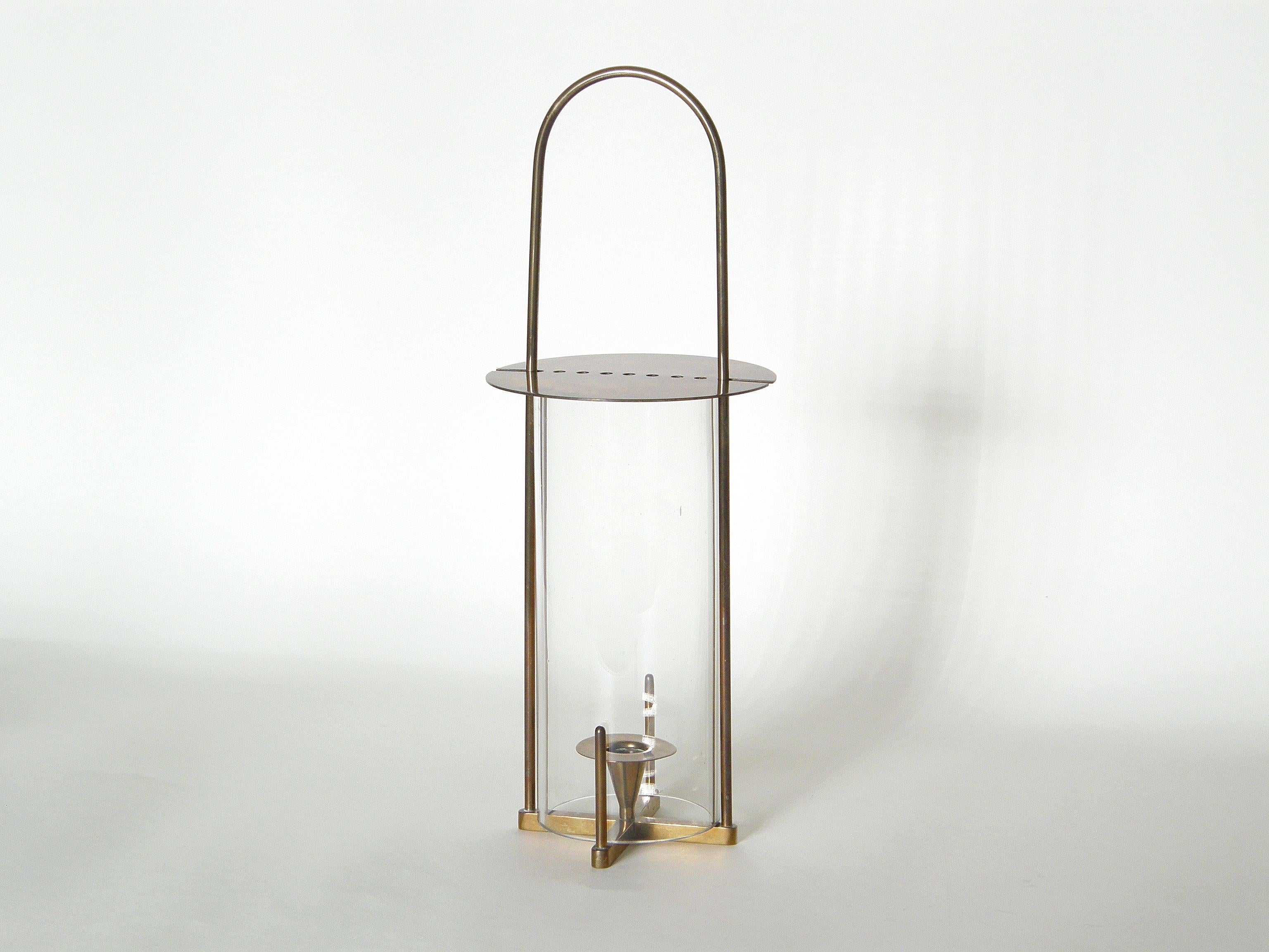Mid-Century Modern Carl Auböck Brass and Glass Modernist Hurricane Lantern Candle Lamp