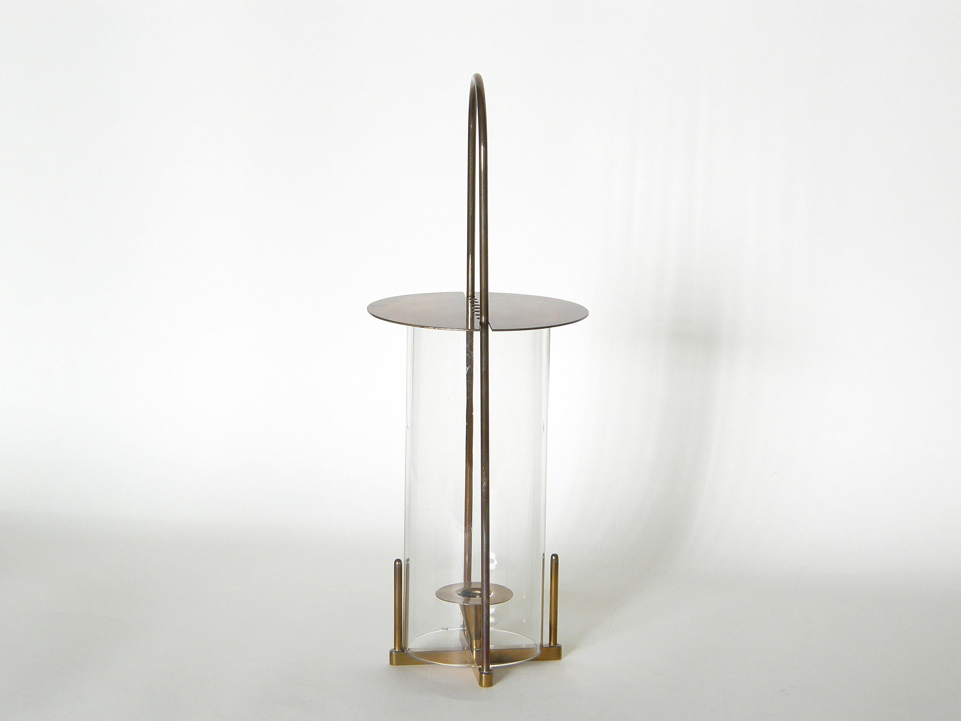 Austrian Carl Auböck Brass and Glass Modernist Hurricane Lantern Candle Lamp