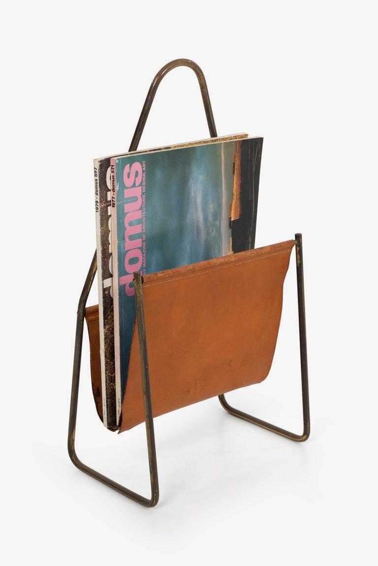 Mid-Century Modern Carl Auböck Brass and Leather Magazine Rack For Sale