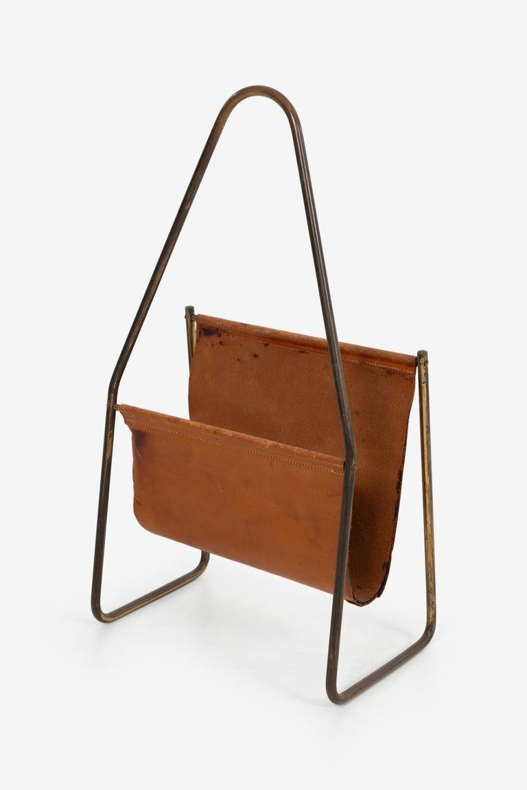 Carl Auböck Brass and Leather Magazine Rack In Distressed Condition For Sale In Chicago, IL