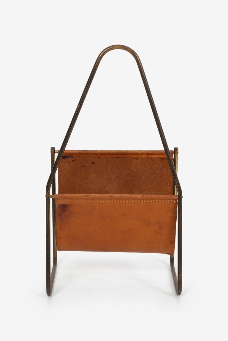 20th Century Carl Auböck Brass and Leather Magazine Rack For Sale