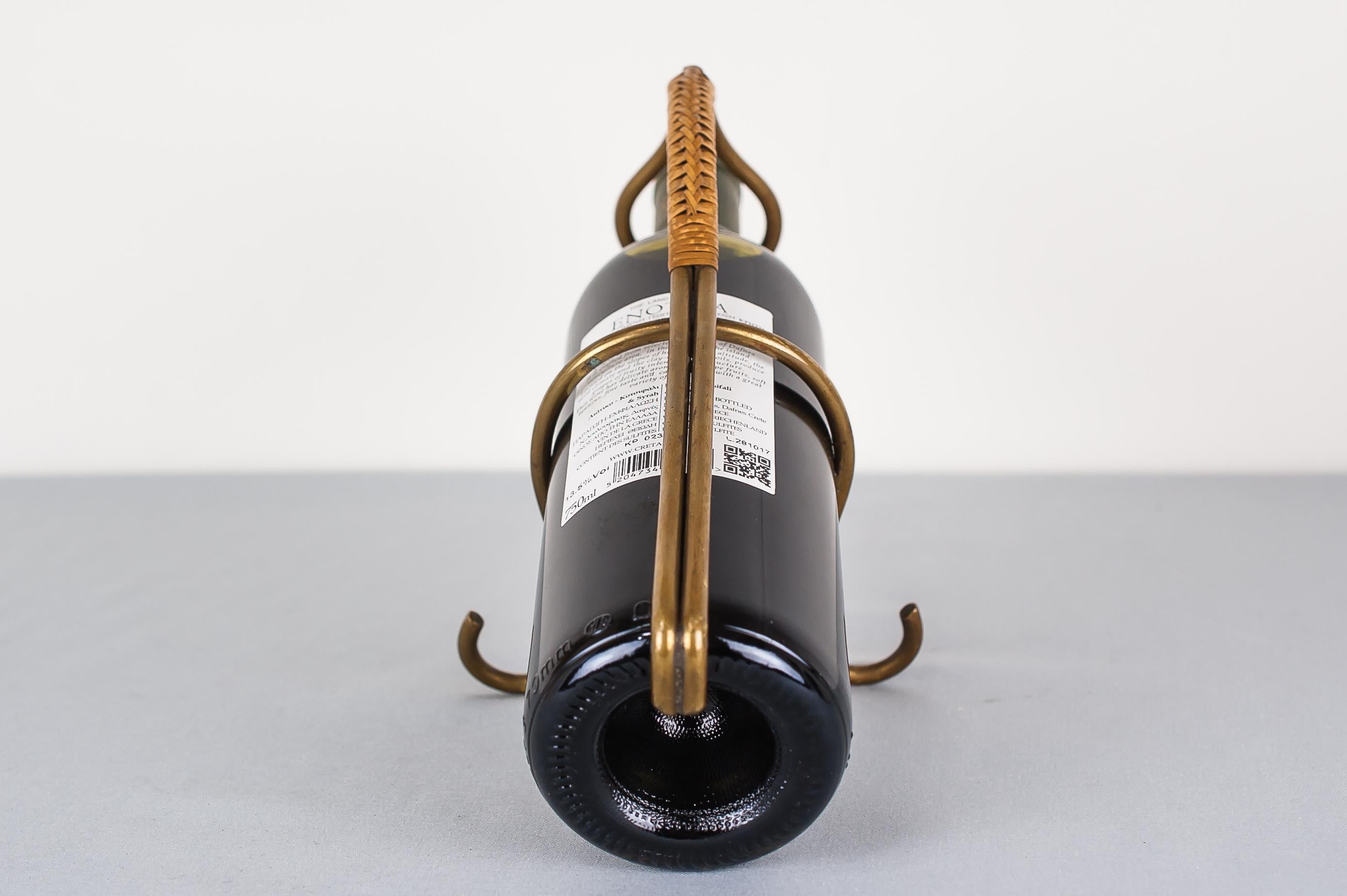 Mid-Century Modern Brass and Wicker Wine Holder,  Austria, 1950s For Sale