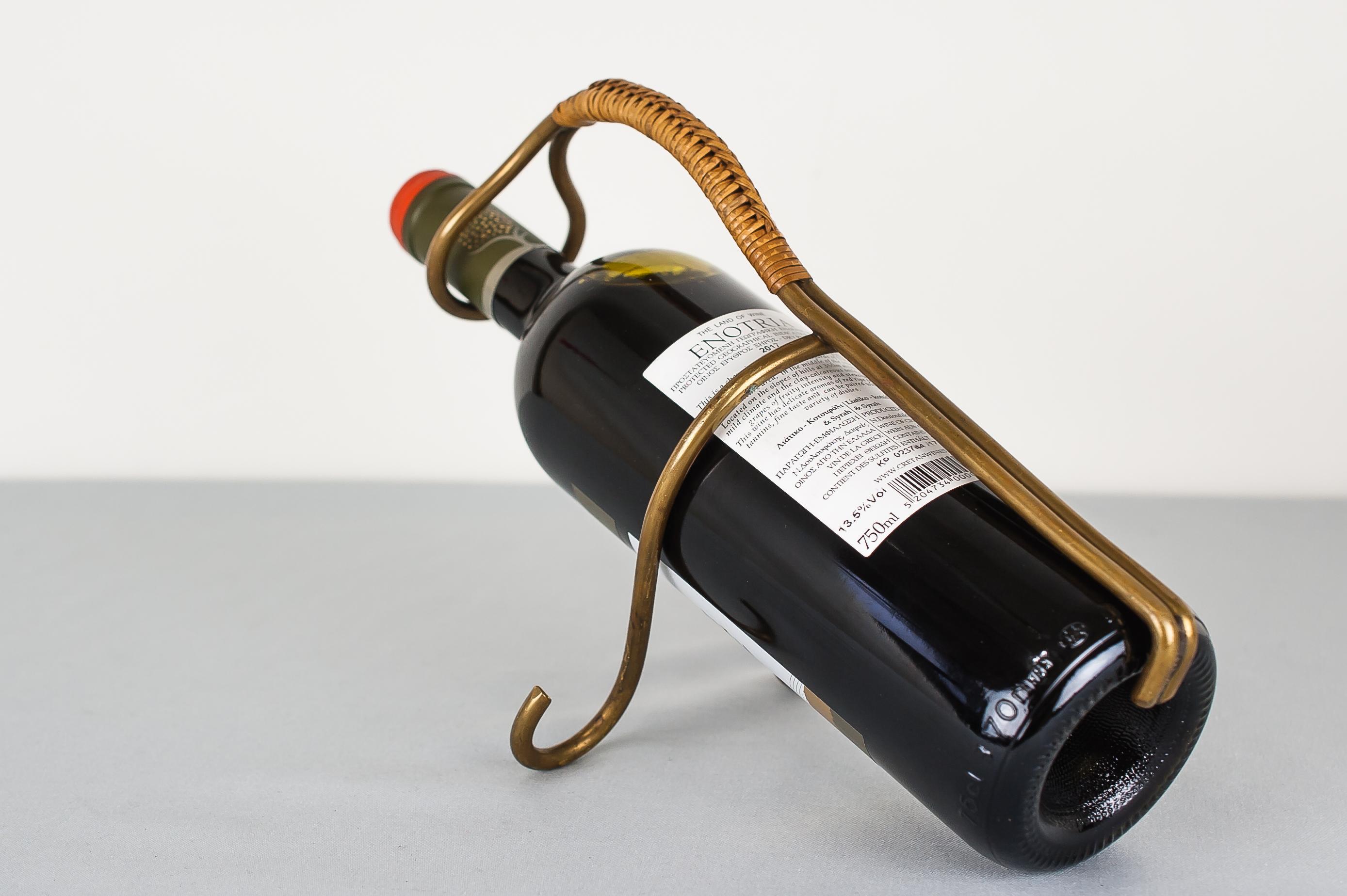 Austrian Brass and Wicker Wine Holder,  Austria, 1950s For Sale