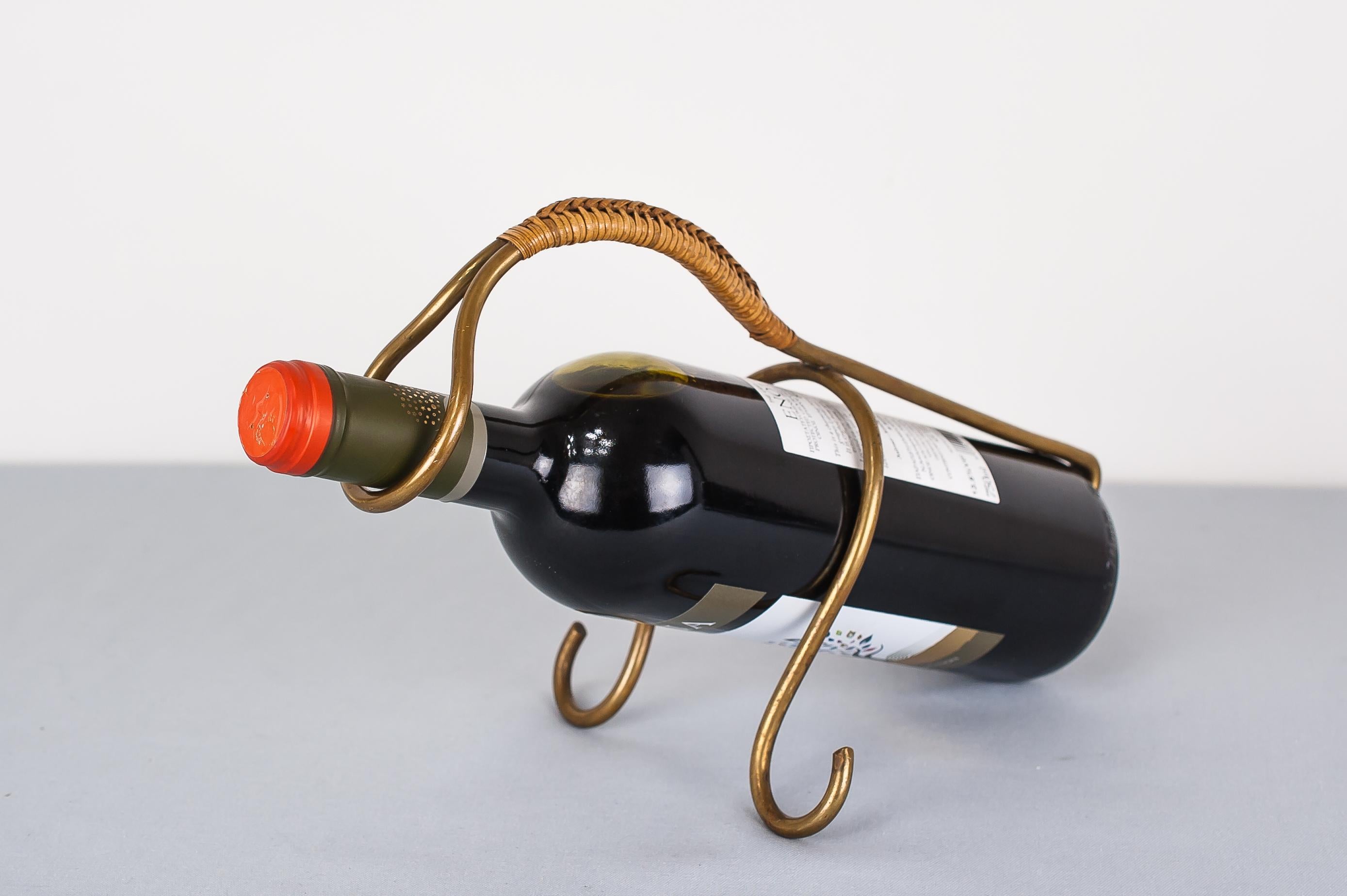 Mid-20th Century Brass and Wicker Wine Holder,  Austria, 1950s For Sale