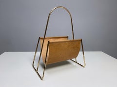 Carl Auböck Brass & Cognac Leather Magazine Rack, Signed, # 4019, 1950, Austria