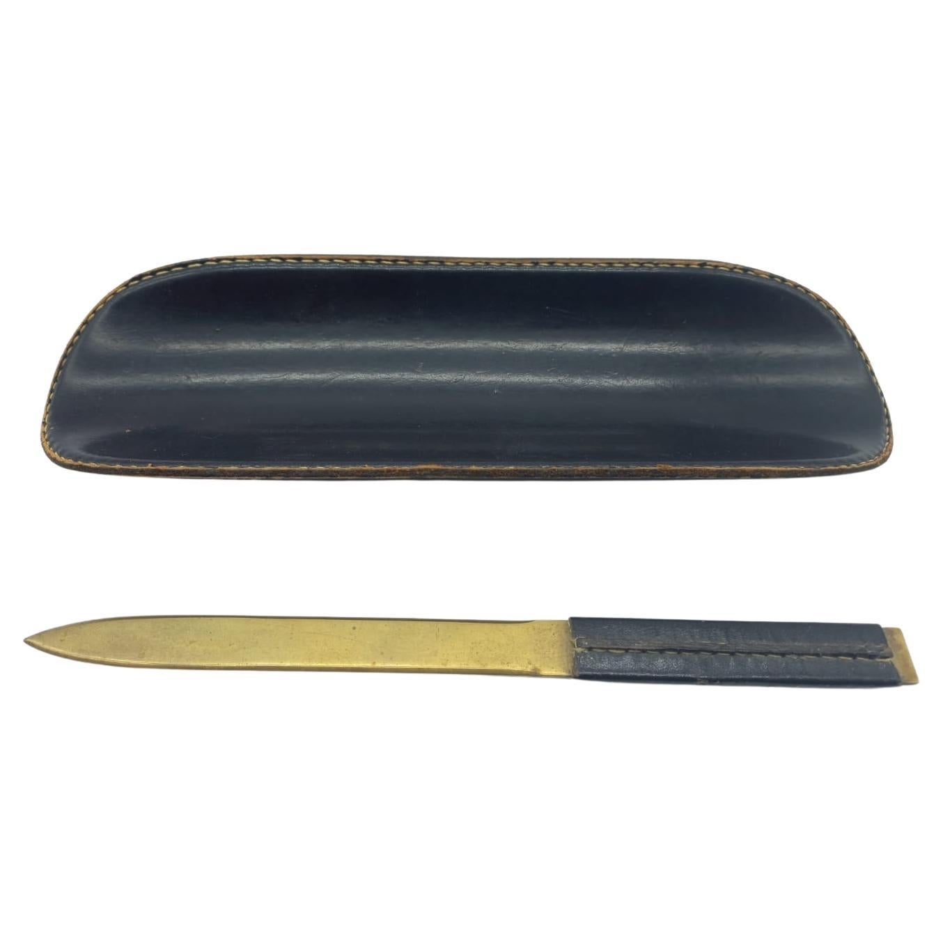 Carl Auböck brass letter opener with leather tray, 1950s, Vienna Austria, good original condition