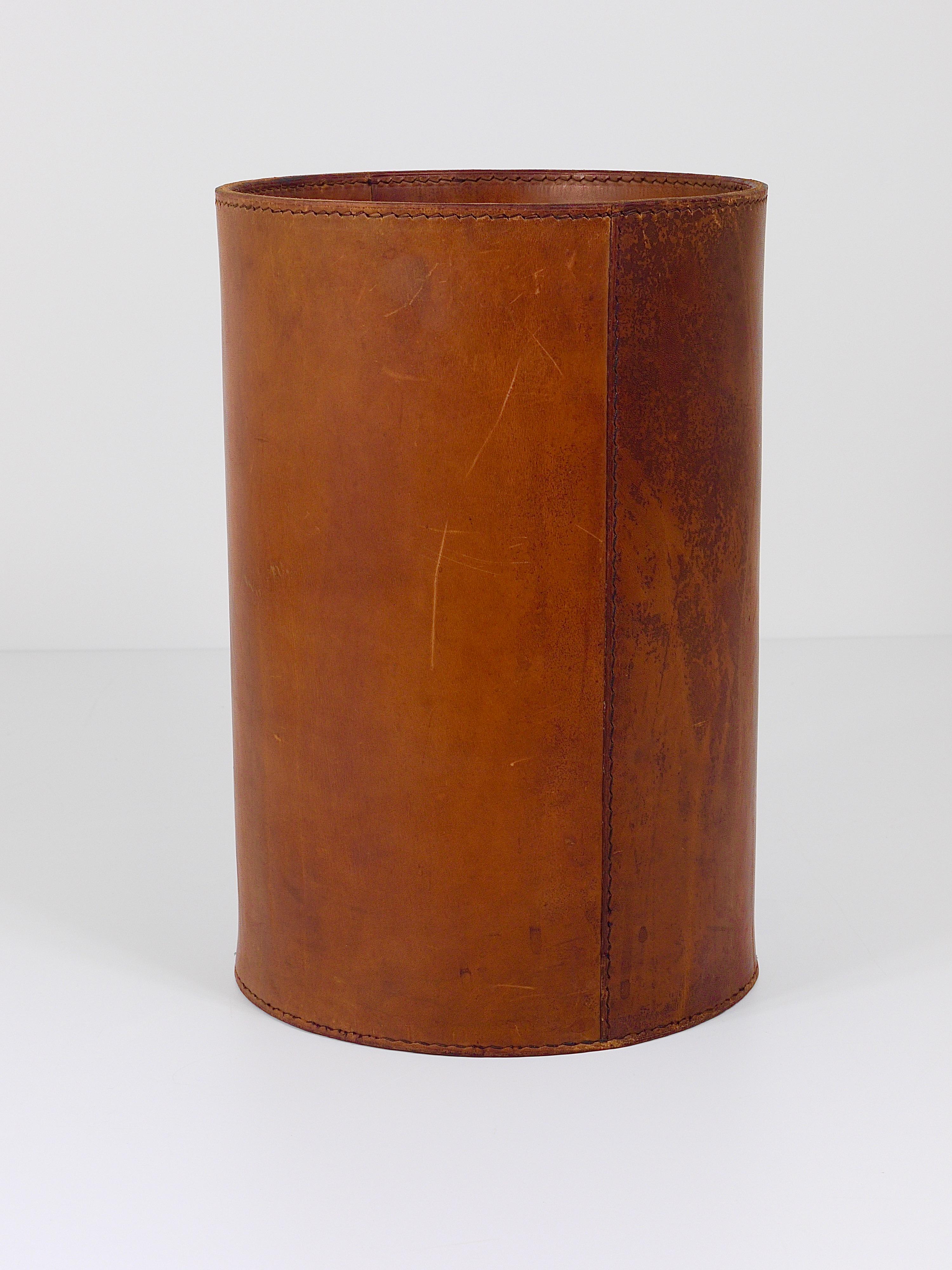 Carl Auböck Brown Tan Leather Wastepaper Basket / Paper Bin, Austria, 1950s 3
