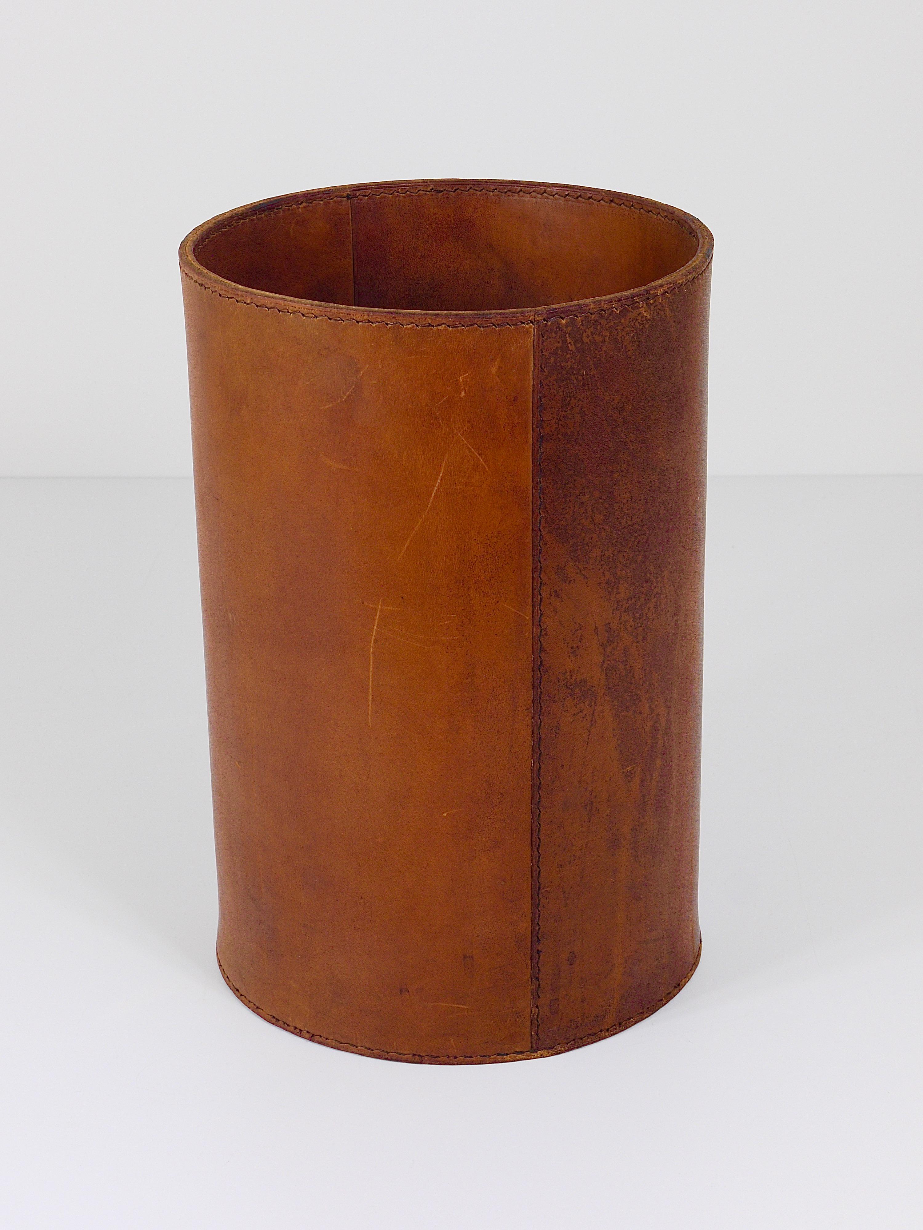 Carl Auböck Brown Tan Leather Wastepaper Basket / Paper Bin, Austria, 1950s 5