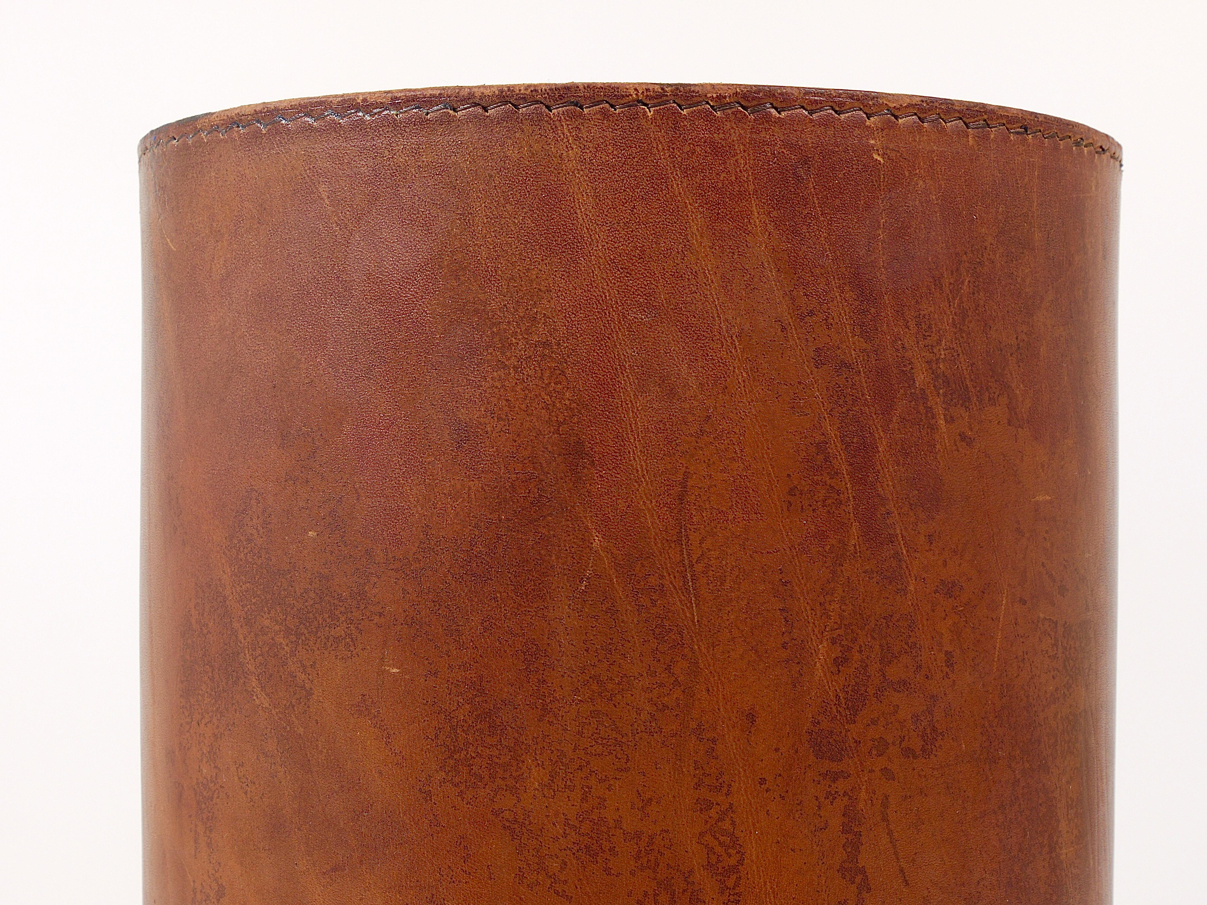 Carl Auböck Brown Tan Leather Wastepaper Basket / Paper Bin, Austria, 1950s 6