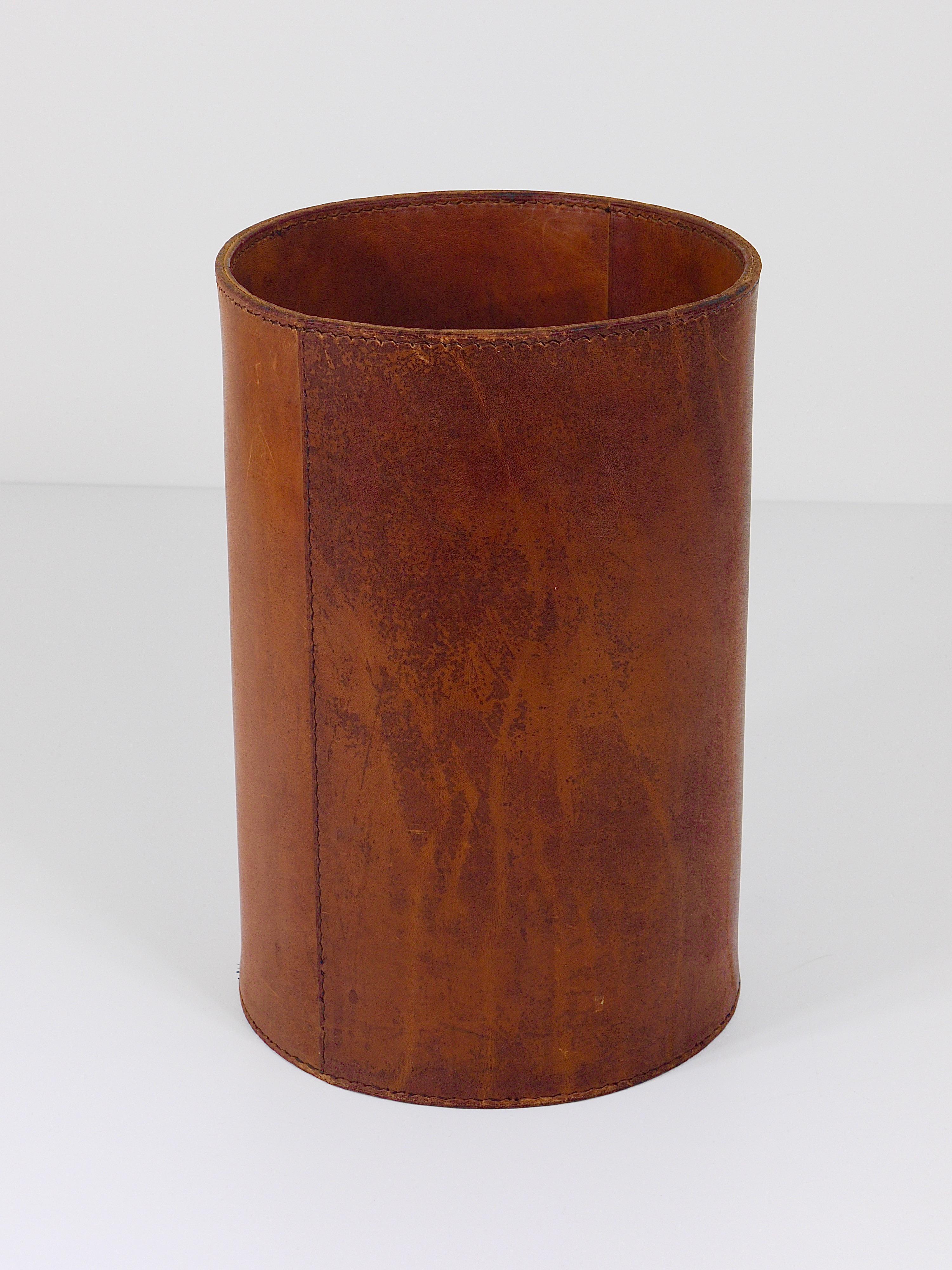 Carl Auböck Brown Tan Leather Wastepaper Basket / Paper Bin, Austria, 1950s 7