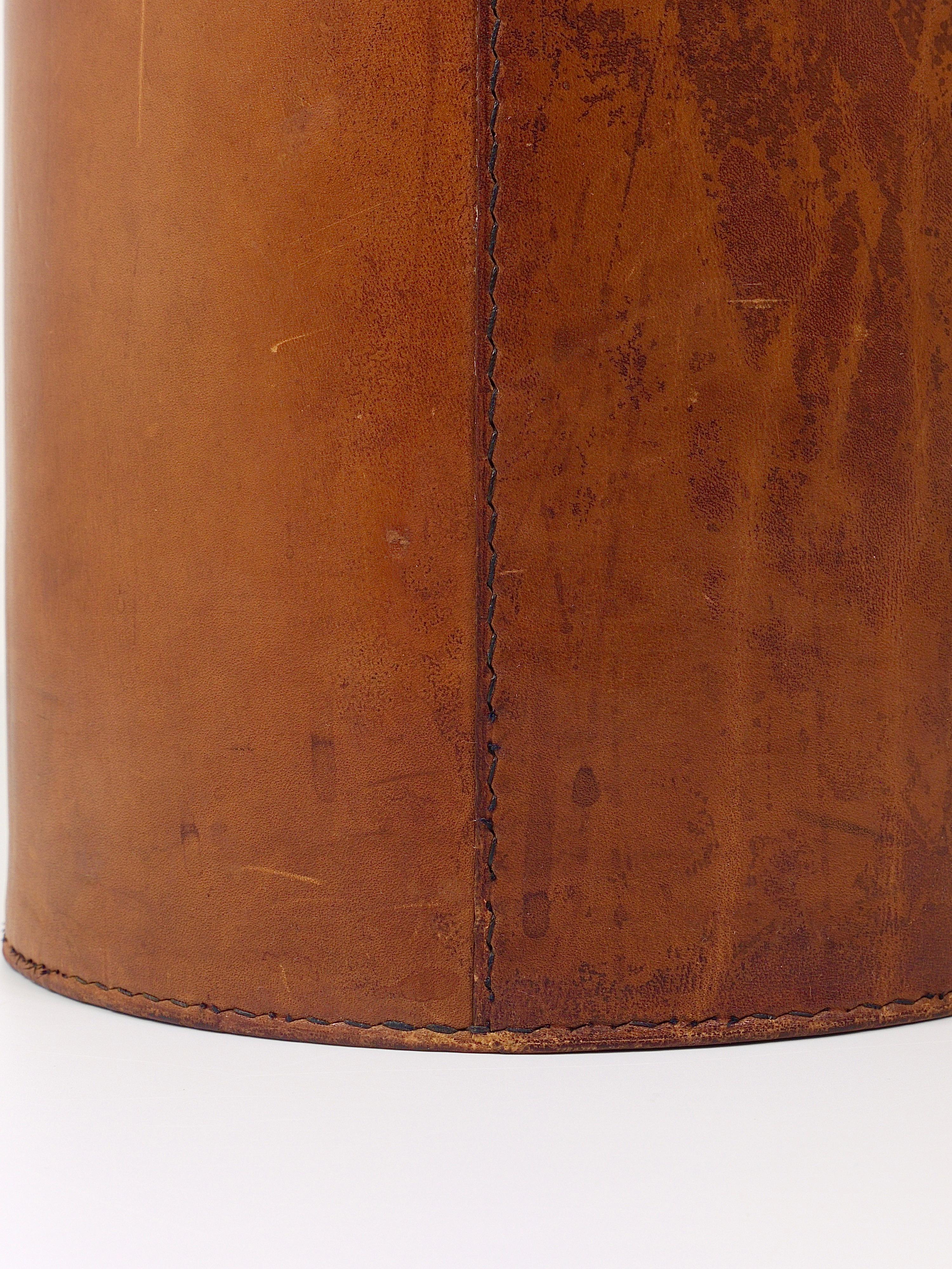 Carl Auböck Brown Tan Leather Wastepaper Basket / Paper Bin, Austria, 1950s 8