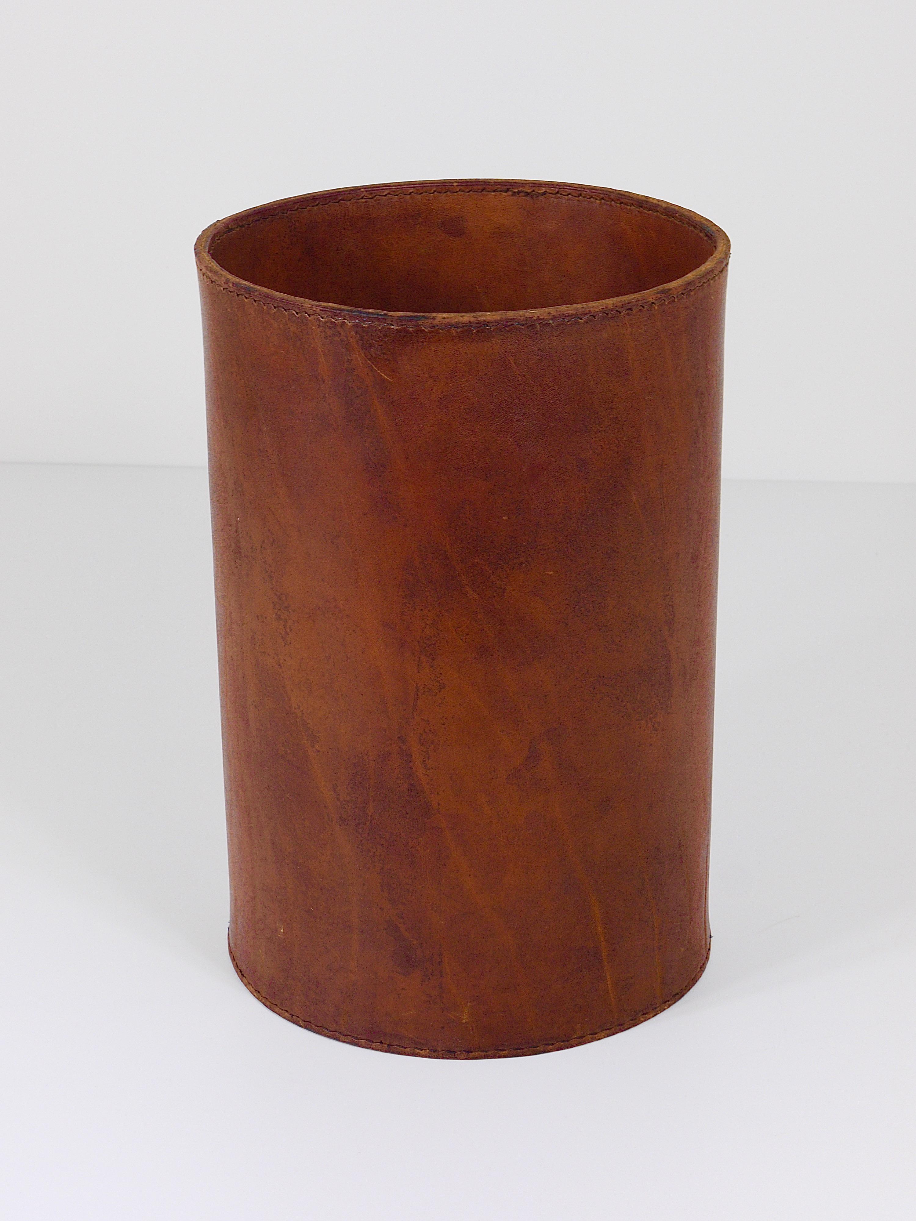 Carl Auböck Brown Tan Leather Wastepaper Basket / Paper Bin, Austria, 1950s 9