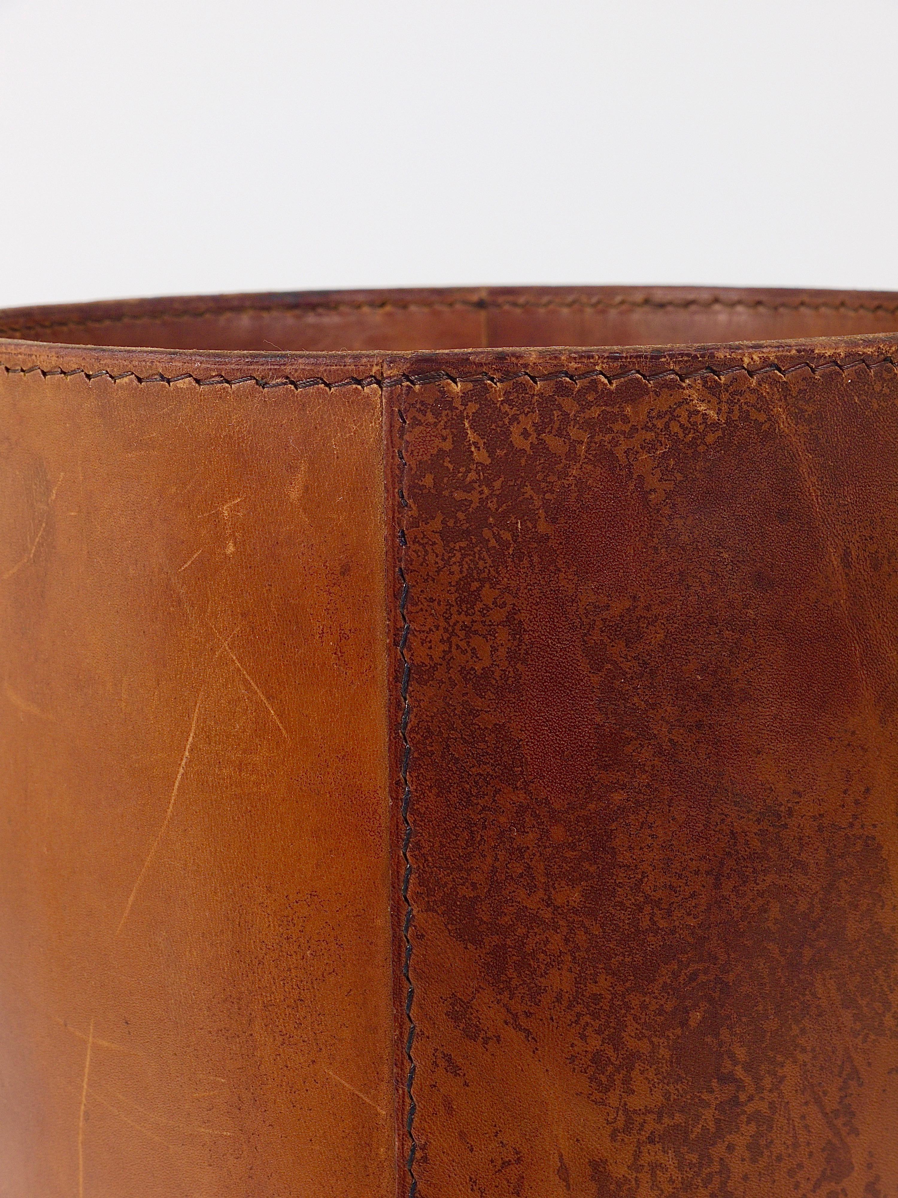 Carl Auböck Brown Tan Leather Wastepaper Basket / Paper Bin, Austria, 1950s 10