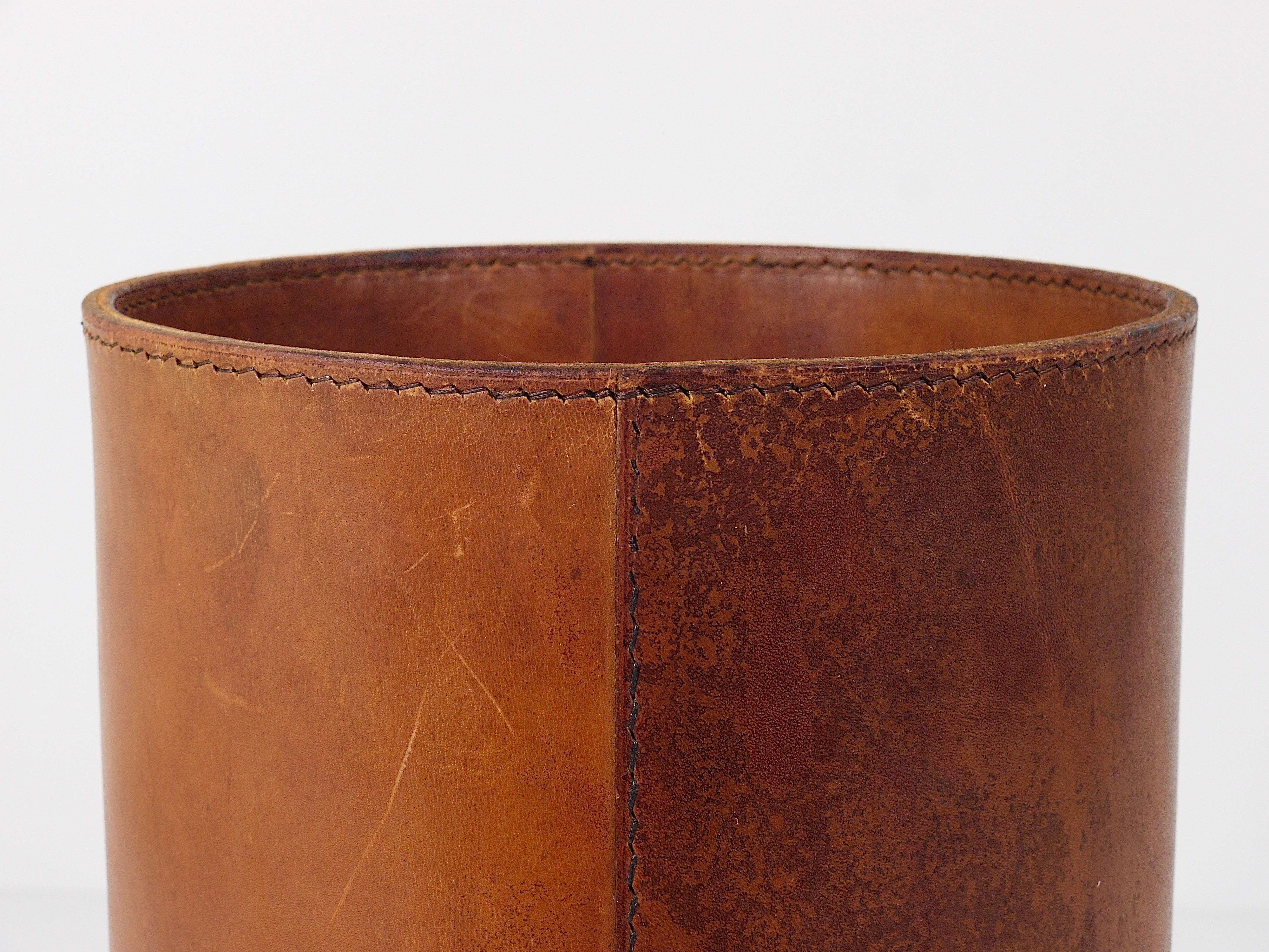 Mid-Century Modern Carl Auböck Brown Tan Leather Wastepaper Basket / Paper Bin, Austria, 1950s