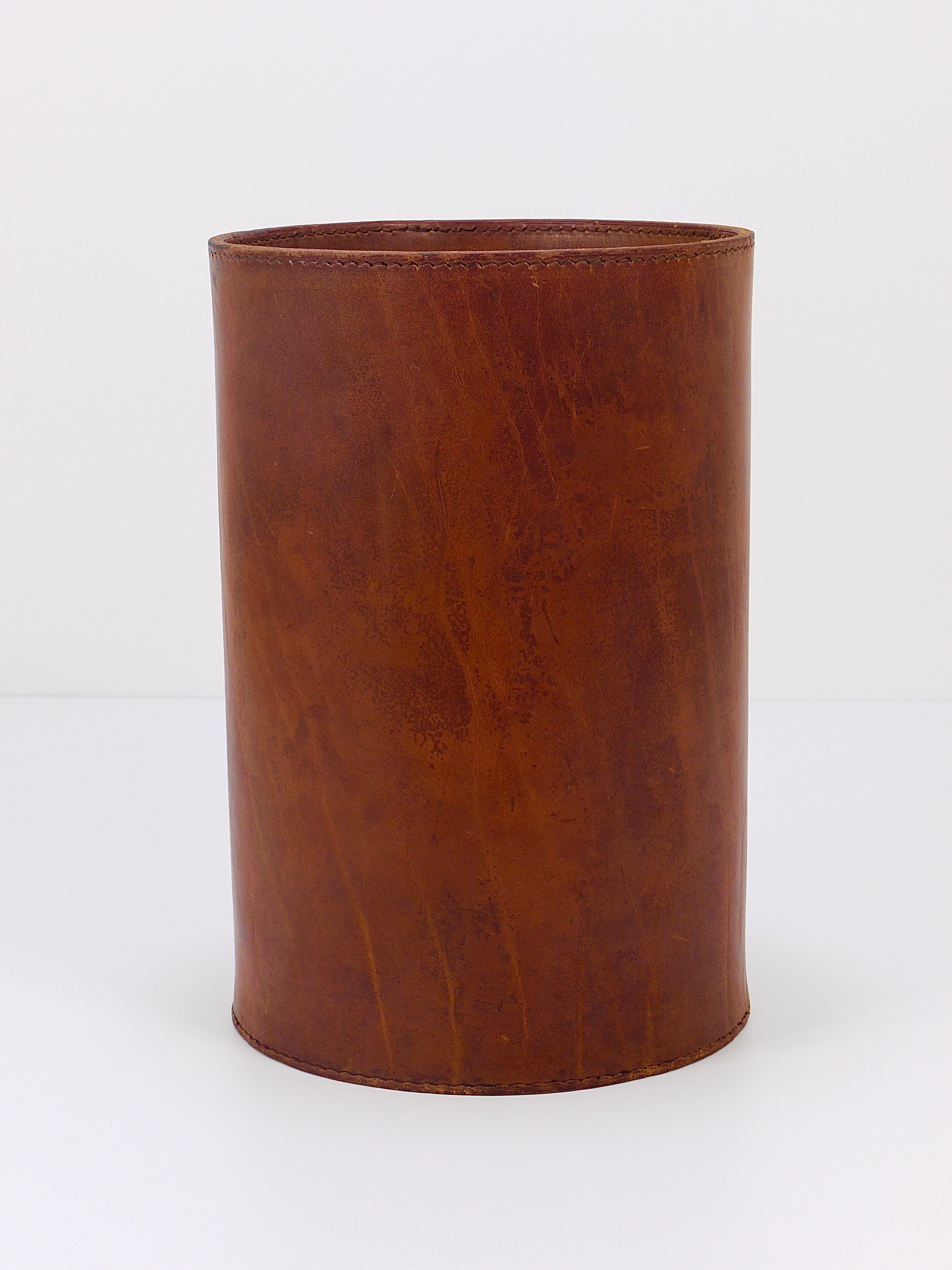 Austrian Carl Auböck Brown Tan Leather Wastepaper Basket / Paper Bin, Austria, 1950s