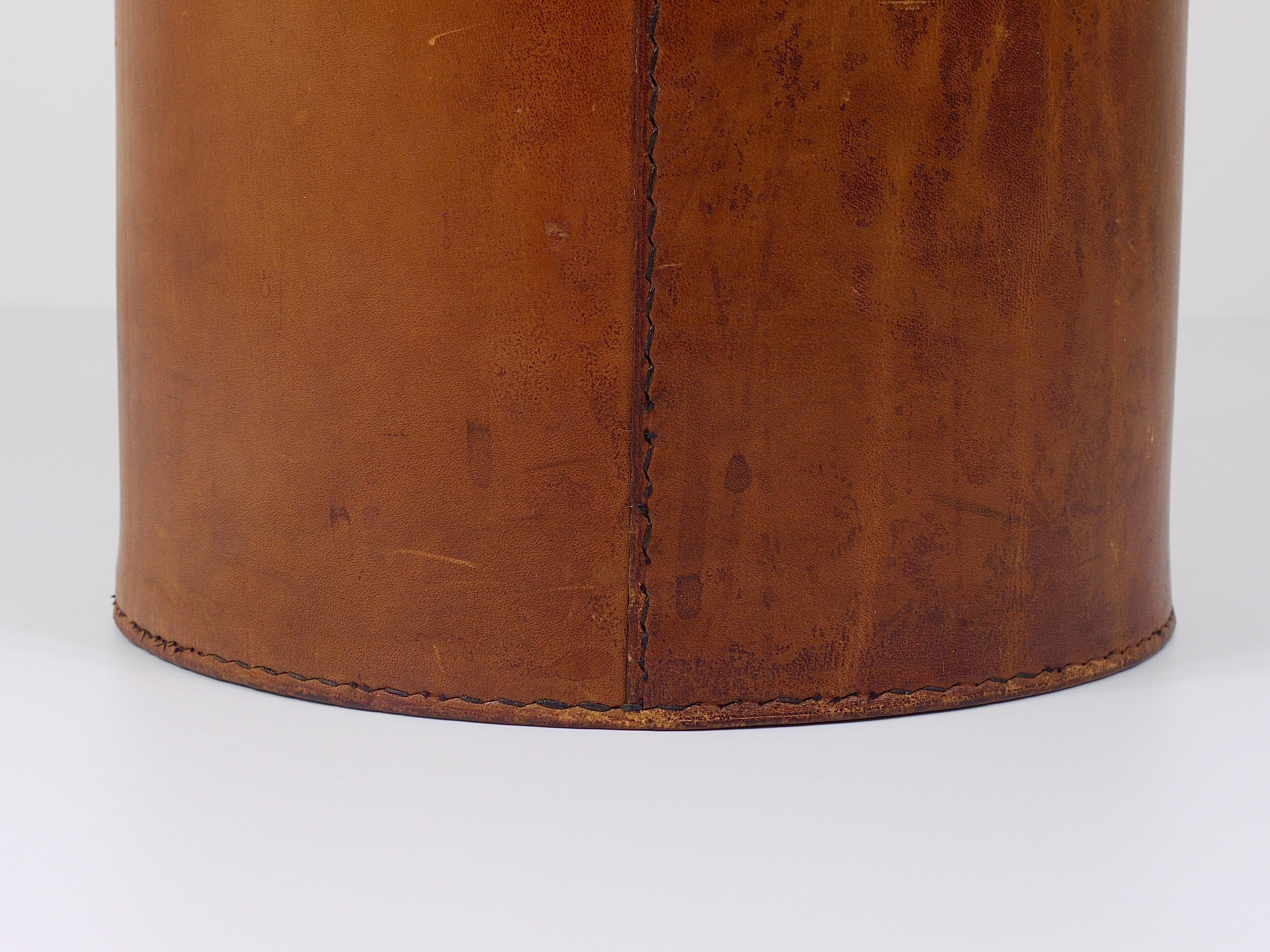Polished Carl Auböck Brown Tan Leather Wastepaper Basket / Paper Bin, Austria, 1950s