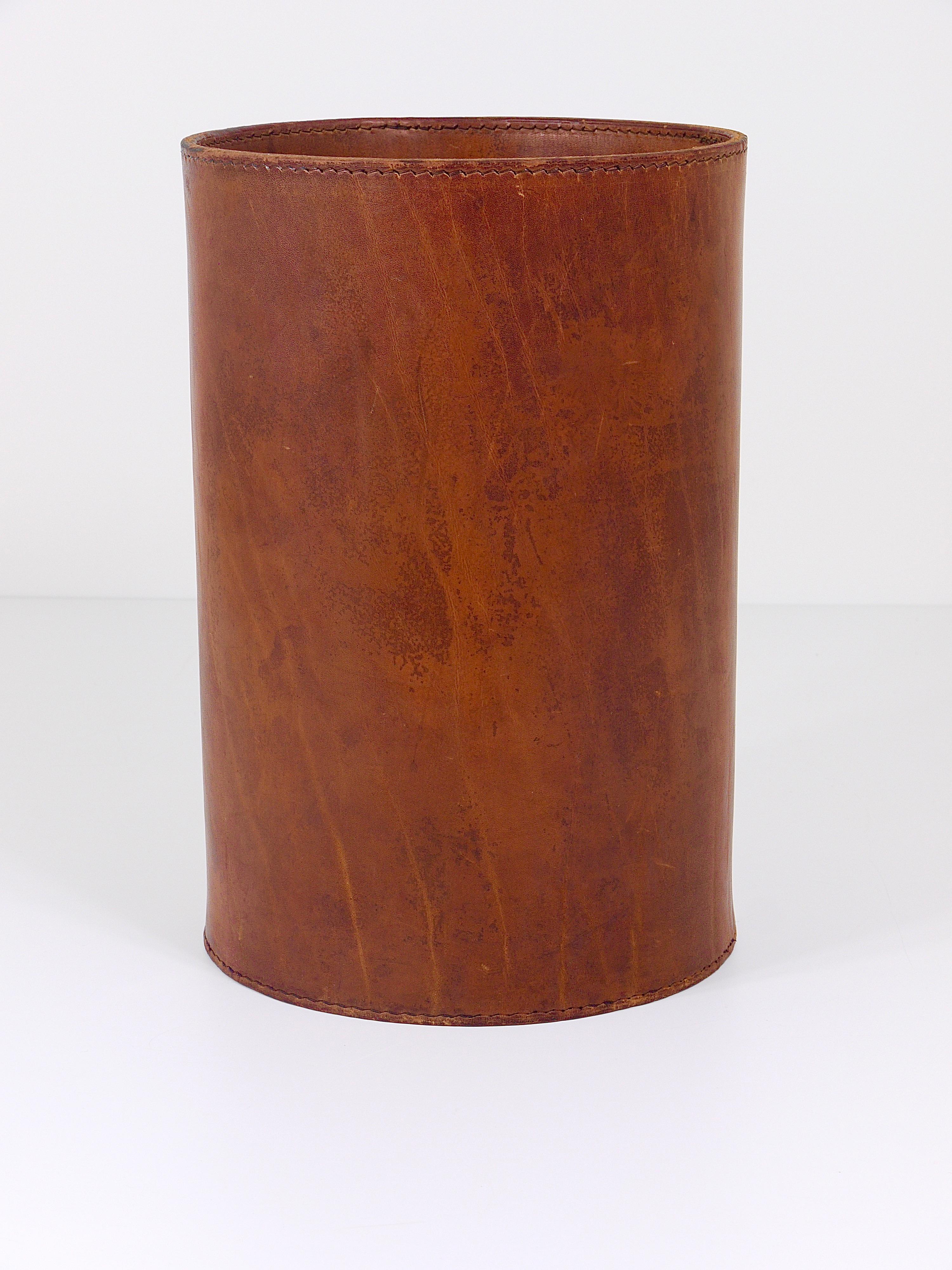 Carl Auböck Brown Tan Leather Wastepaper Basket / Paper Bin, Austria, 1950s In Good Condition In Vienna, AT