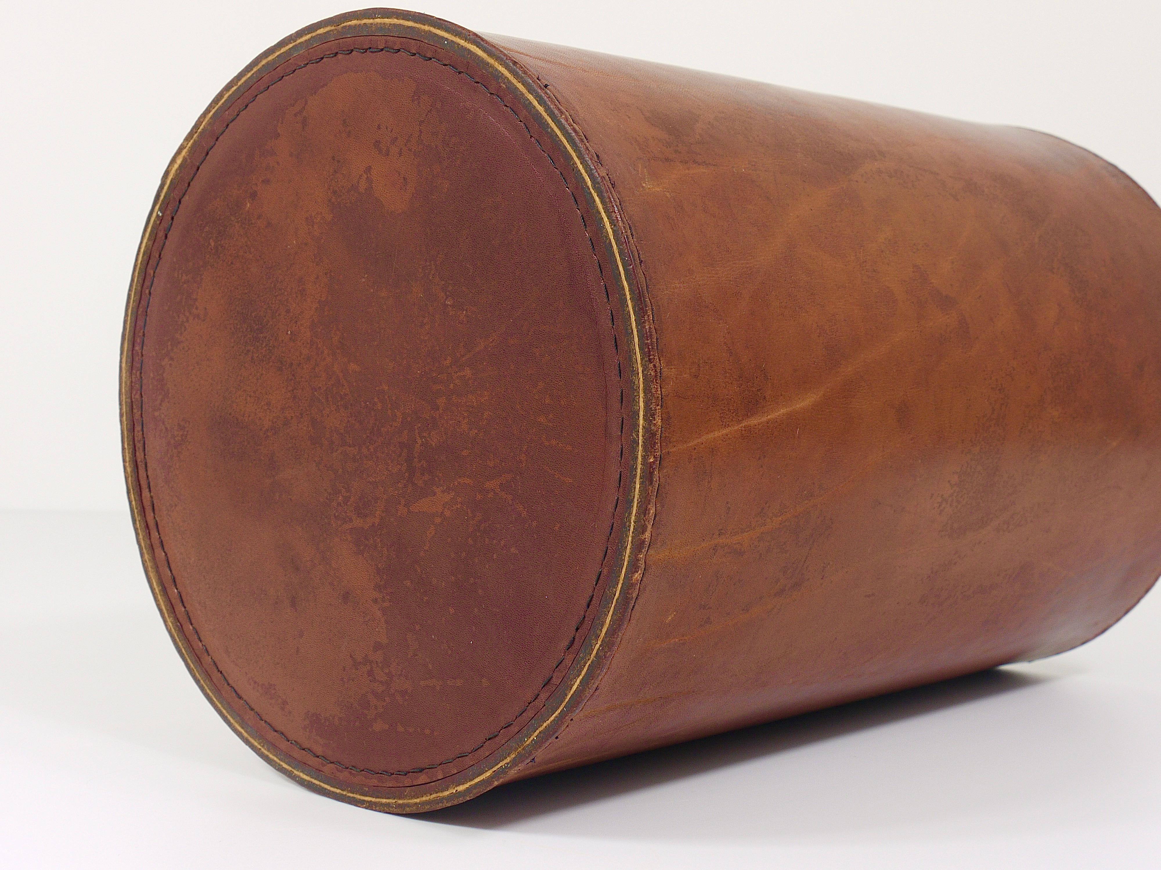 20th Century Carl Auböck Brown Tan Leather Wastepaper Basket / Paper Bin, Austria, 1950s