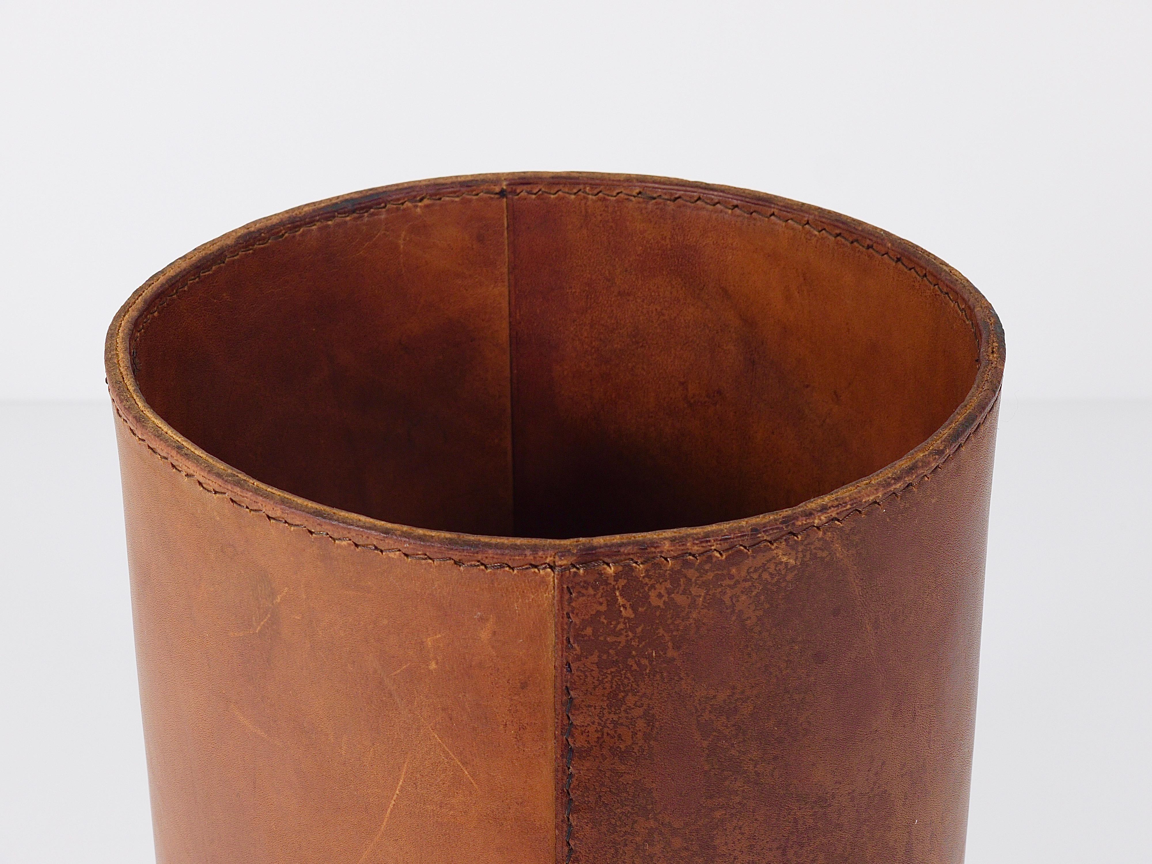 Carl Auböck Brown Tan Leather Wastepaper Basket / Paper Bin, Austria, 1950s 2