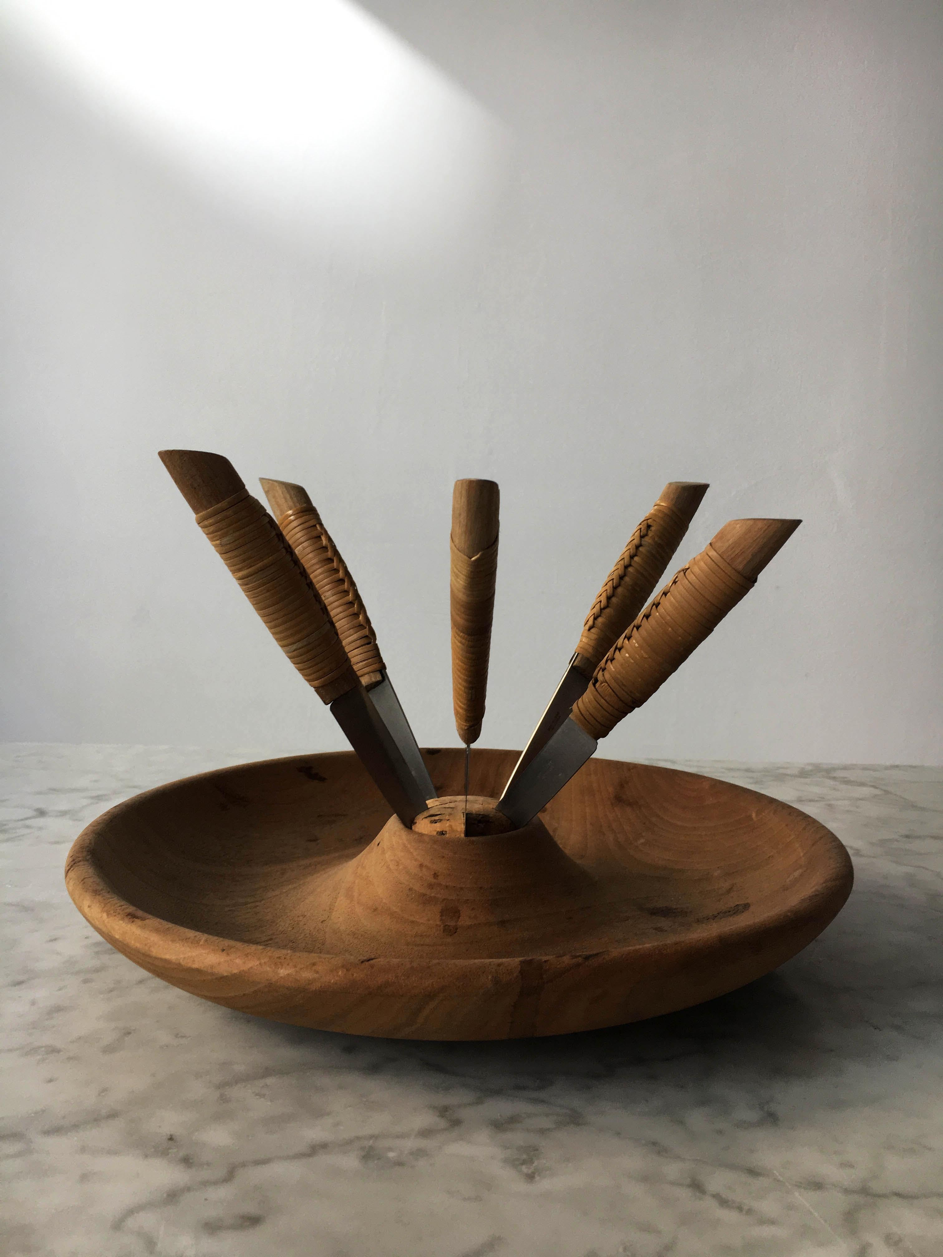 Austrian Carl Auböck Carved Walnut Fruit Bowl and Knife Set Model '4640', Austria, 1950