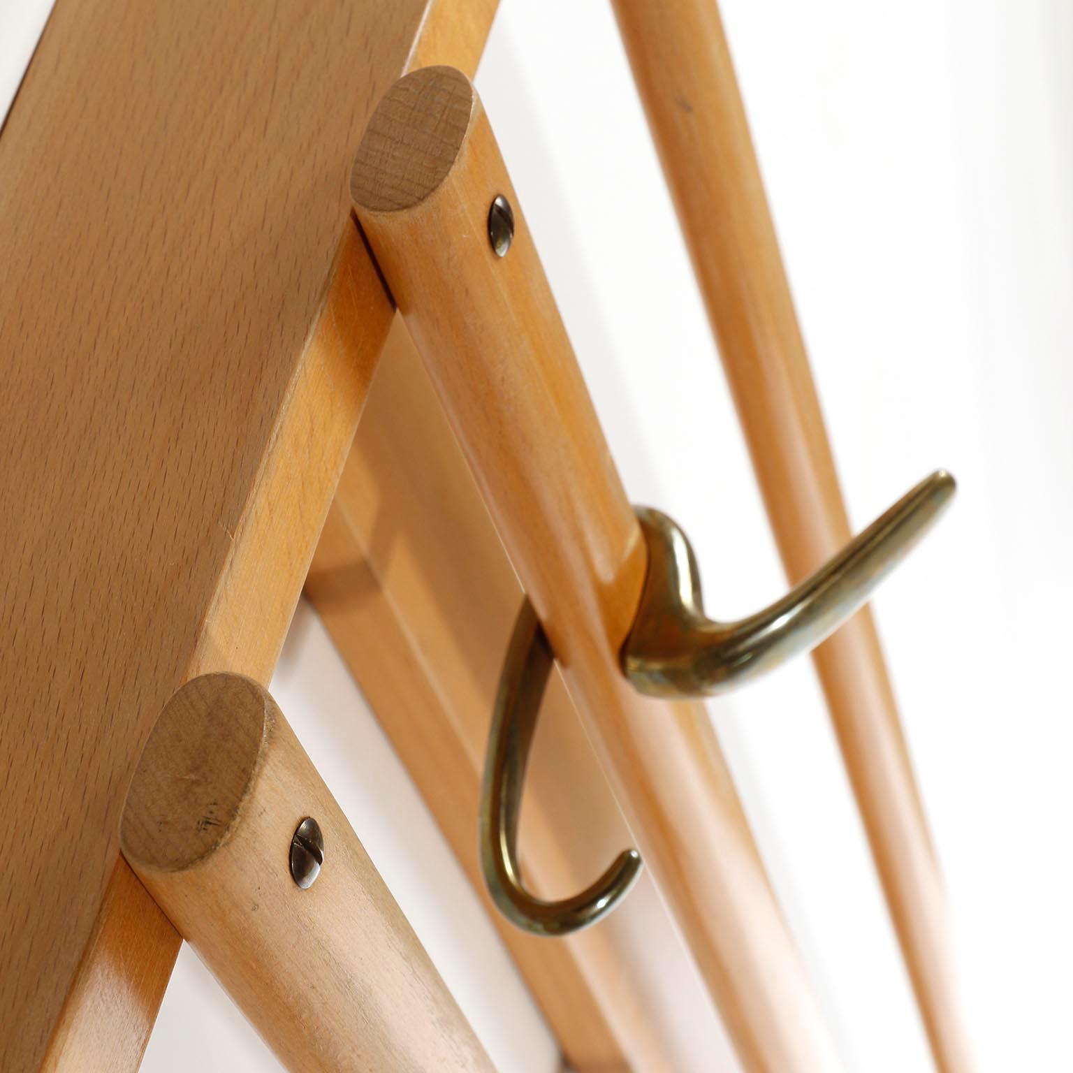 Carl Auböck Coatrack Wardrobe, Beechwood Patinated Brass Bronze Hooks, 1950s 5