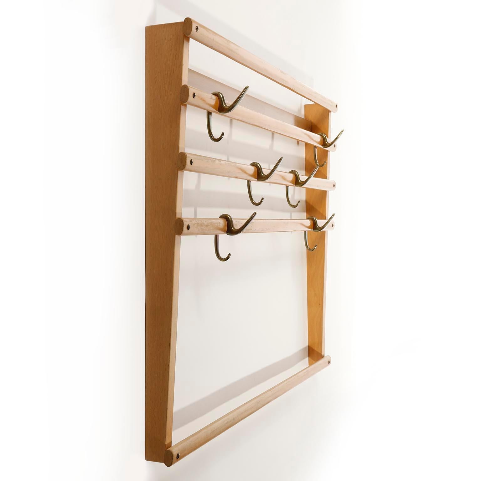Wood Carl Auböck Coatrack Wardrobe, Beechwood Patinated Brass Bronze Hooks, 1950s