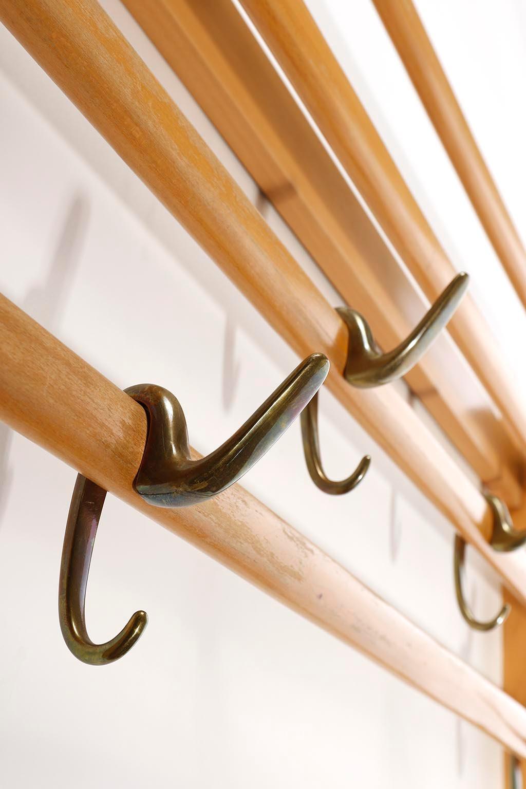 Carl Auböck Coatrack Wardrobe, Beechwood Patinated Brass Bronze Hooks, 1950s 3