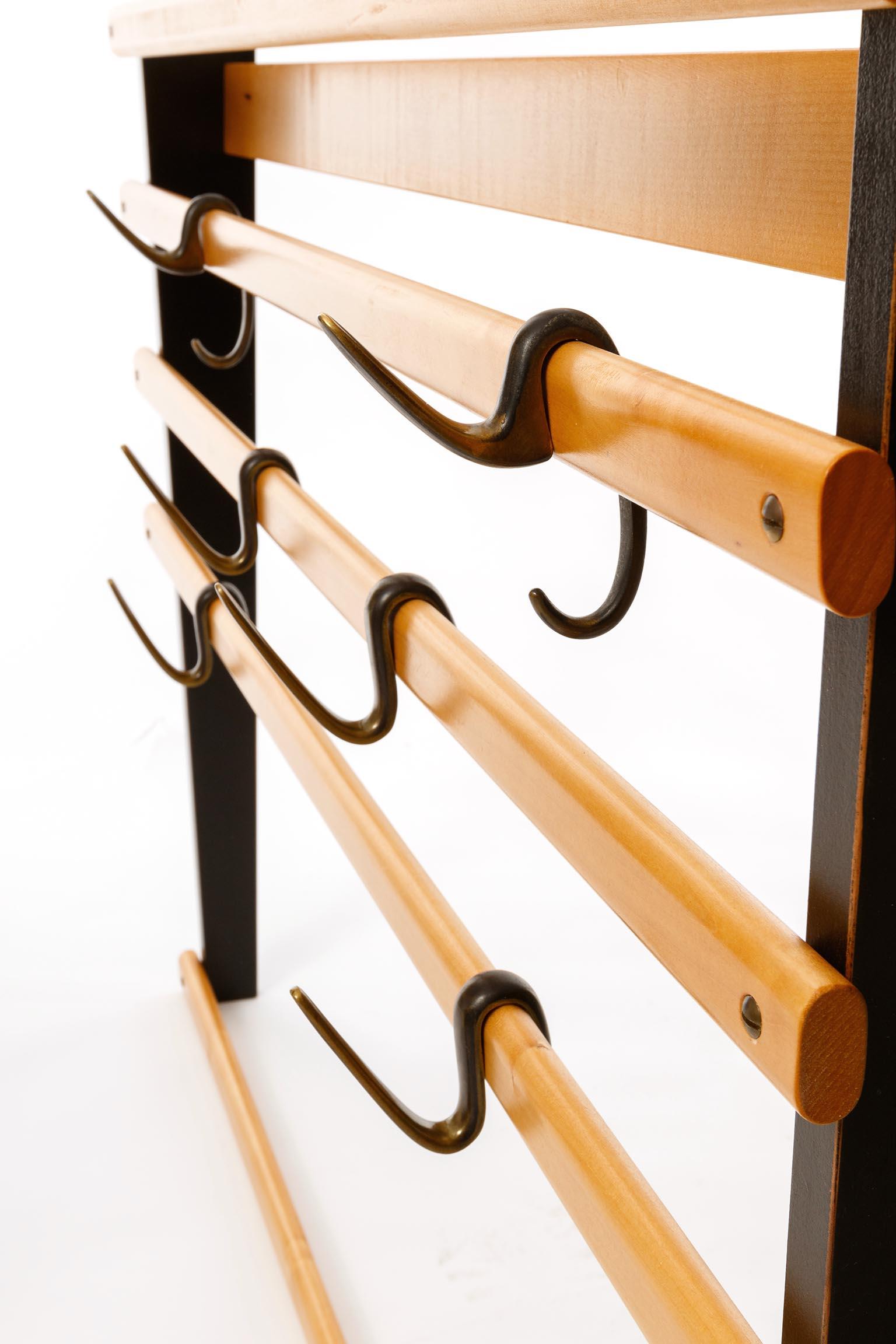 Carl Auböck Coat Rack Wardrobe, Wood Patinated Blackened Brass Hooks, 1950s In Excellent Condition For Sale In Hausmannstätten, AT
