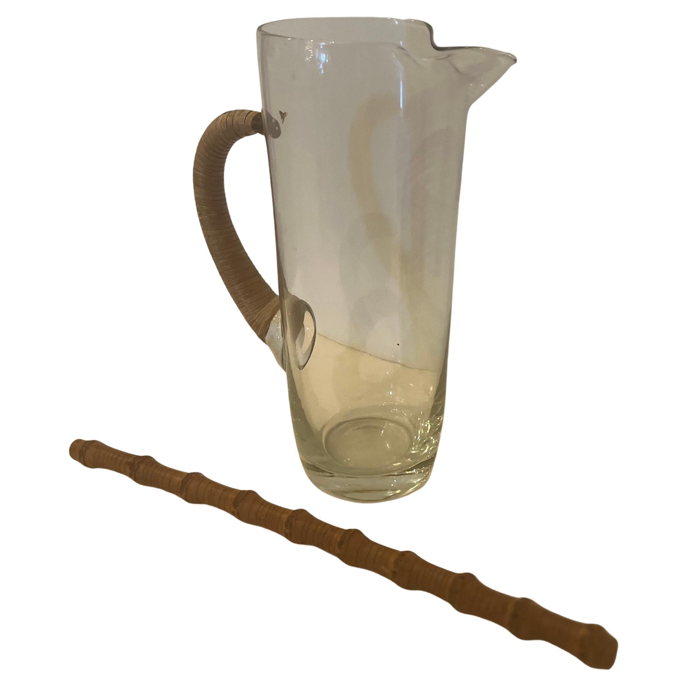 Carl Aubock Cocktail Drink Glass Pitcher with Bamboo Stir & Cane Handle