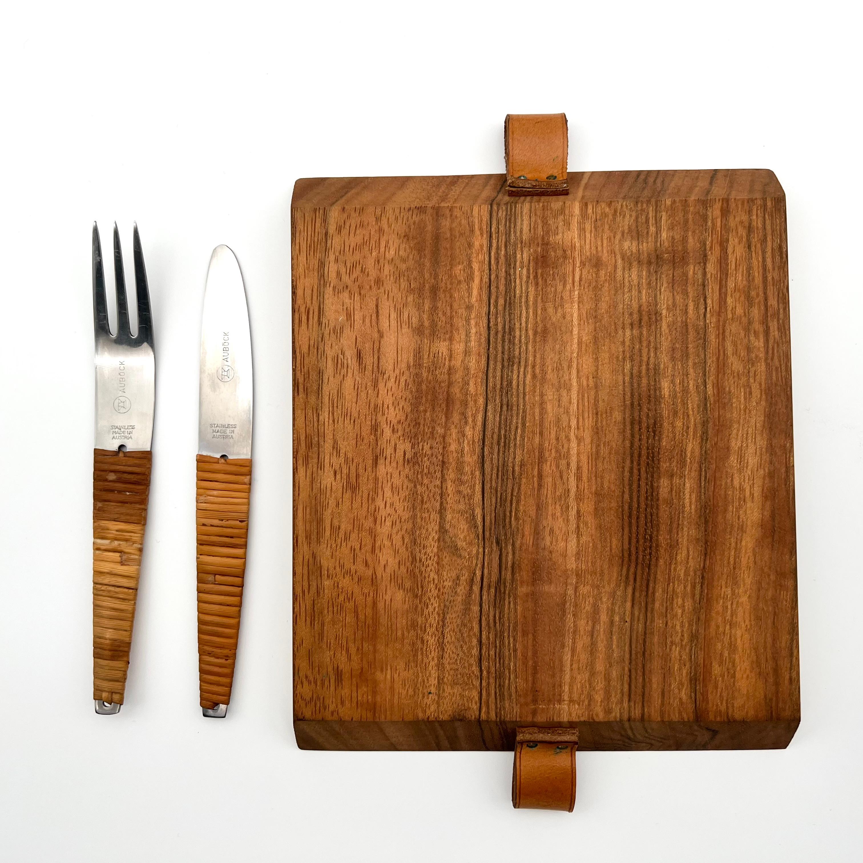 Hand-Crafted Carl Aubock Cutting Board & Knife and Fork Set. 1950s For Sale