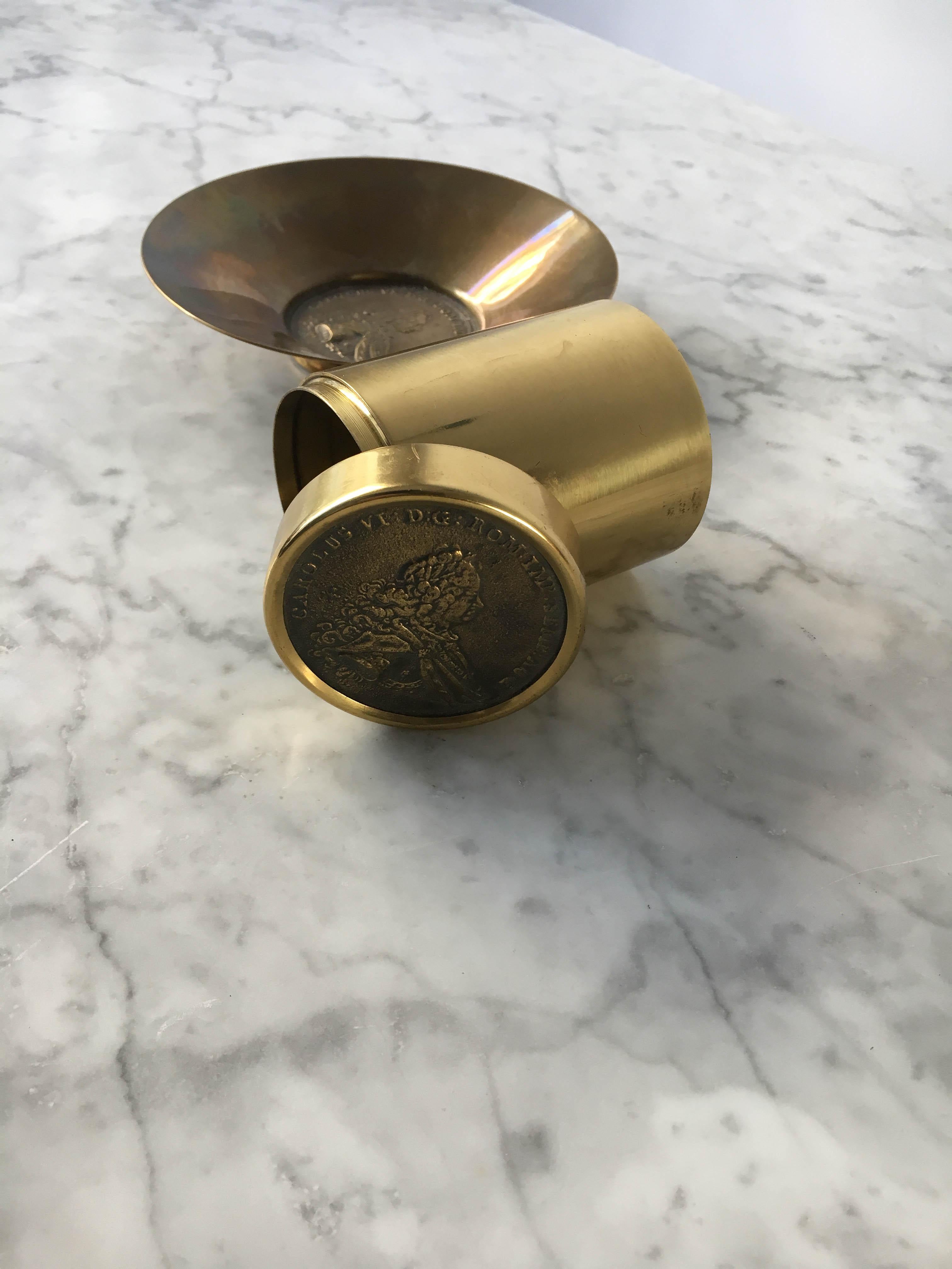 Carl Auböck Cylindrical Brass Pot Cigarette Box and Ashtray, Austria, 1950s For Sale 9