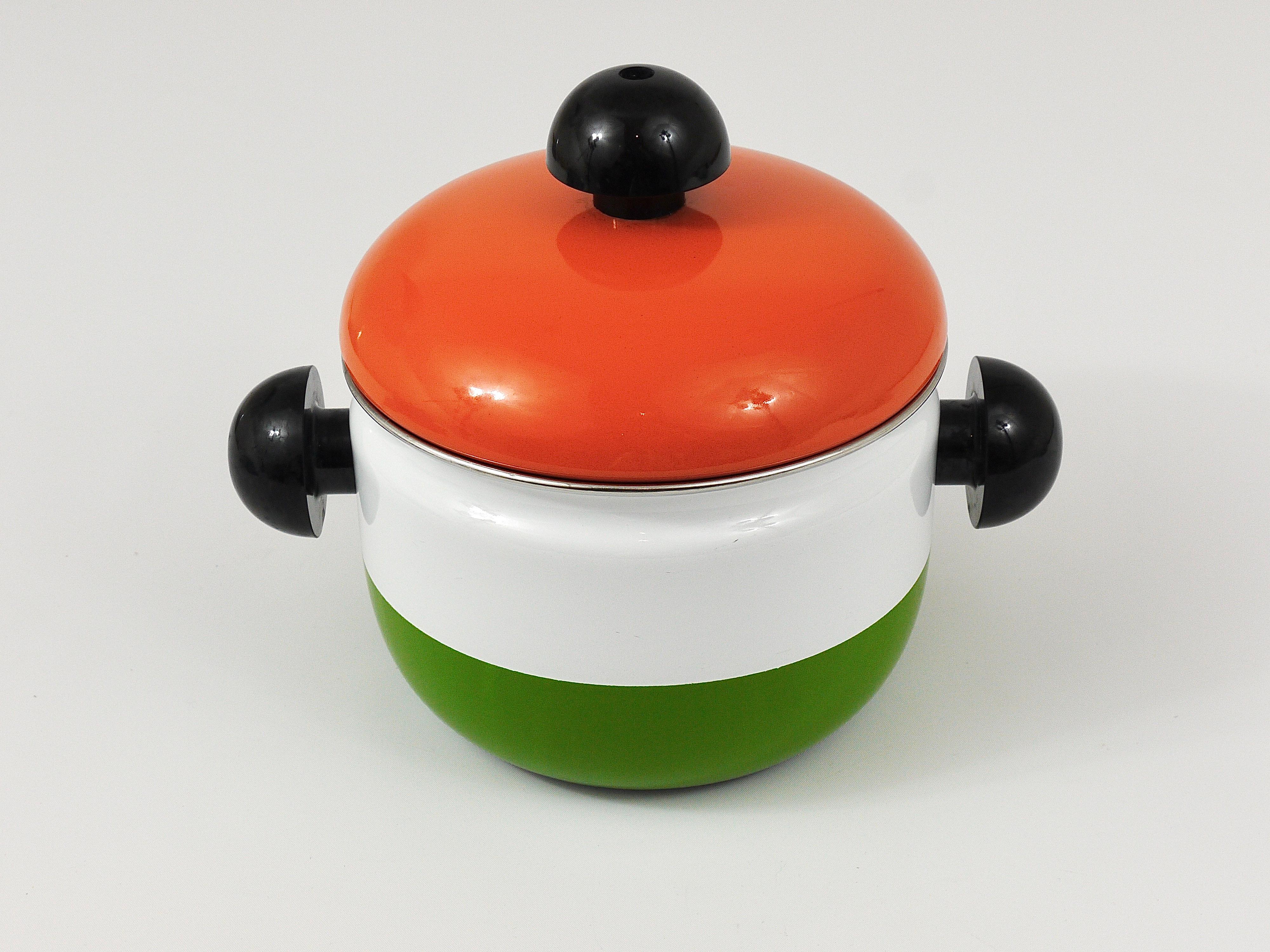 Carl Aubock Enameled Pot with Lid by Riess, Orange, White, Green, Austria, 1970s For Sale 3