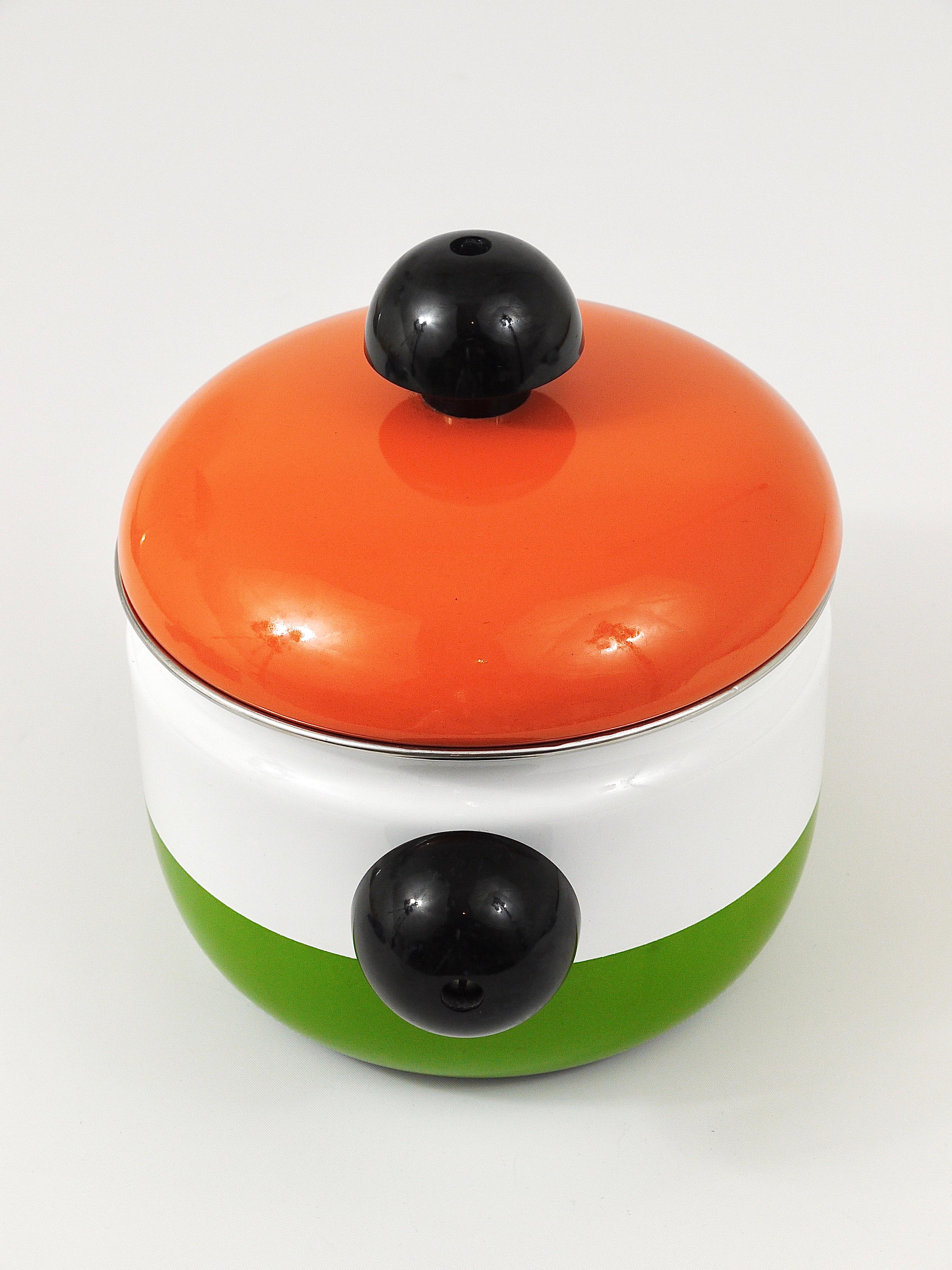 Carl Aubock Enameled Pot with Lid by Riess, Orange, White, Green, Austria, 1970s For Sale 4