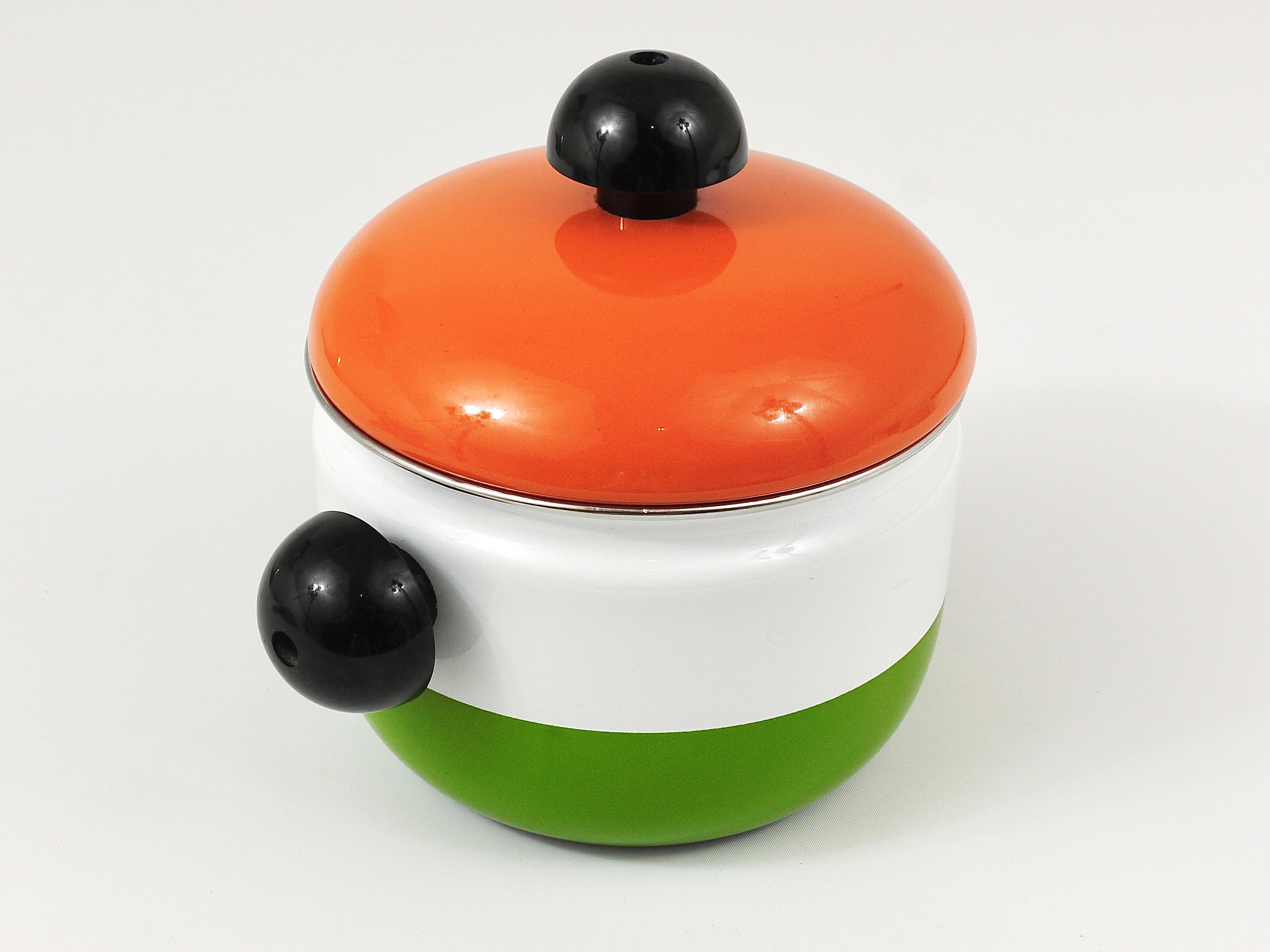 Carl Aubock Enameled Pot with Lid by Riess, Orange, White, Green, Austria, 1970s For Sale 5