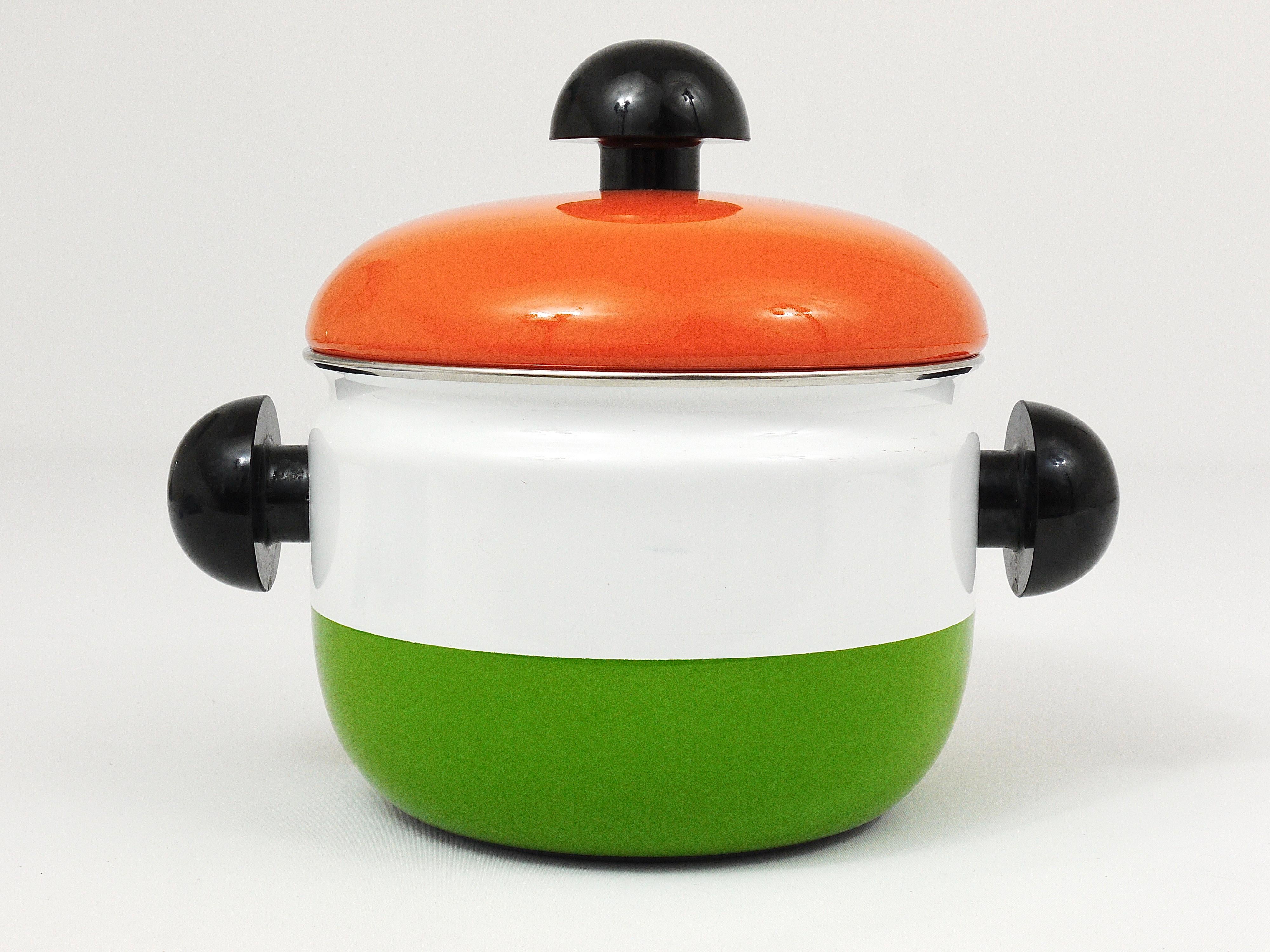 Mid-Century Modern Carl Aubock Enameled Pot with Lid by Riess, Orange, White, Green, Austria, 1970s For Sale