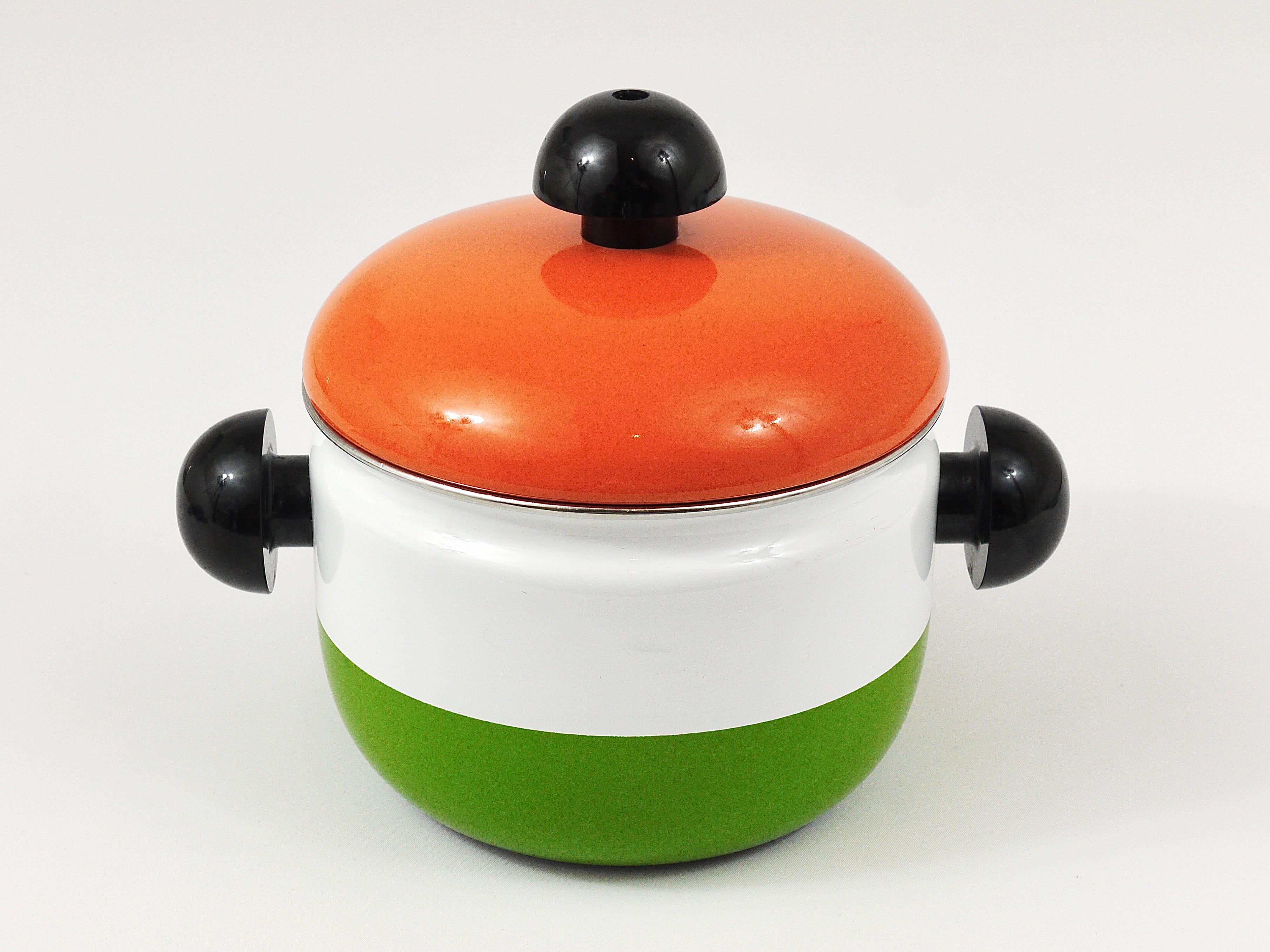 Carl Aubock Enameled Pot with Lid by Riess, Orange, White, Green, Austria, 1970s In Good Condition For Sale In Vienna, AT