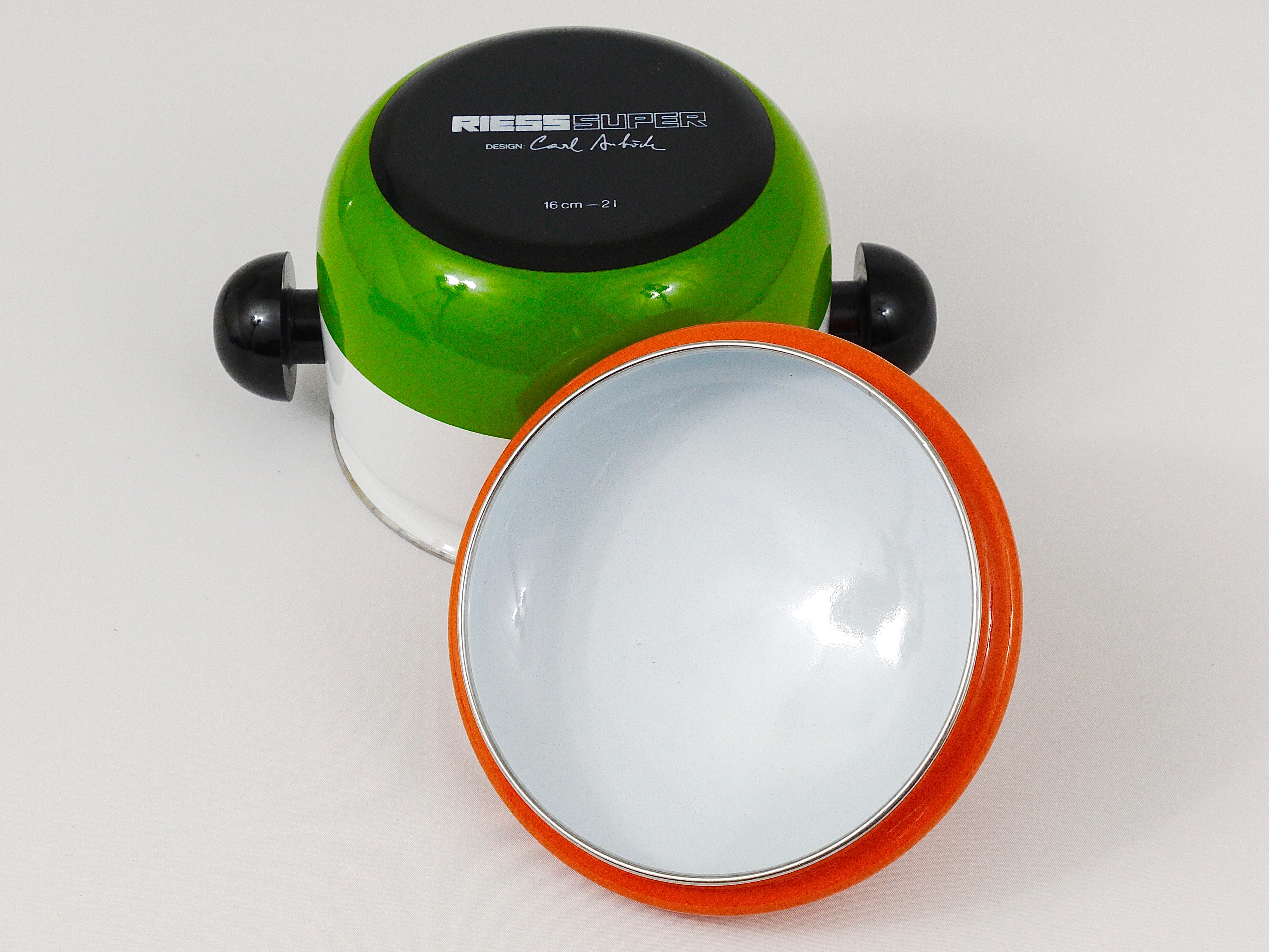 Late 20th Century Carl Aubock Enameled Pot with Lid by Riess, Orange, White, Green, Austria, 1970s For Sale