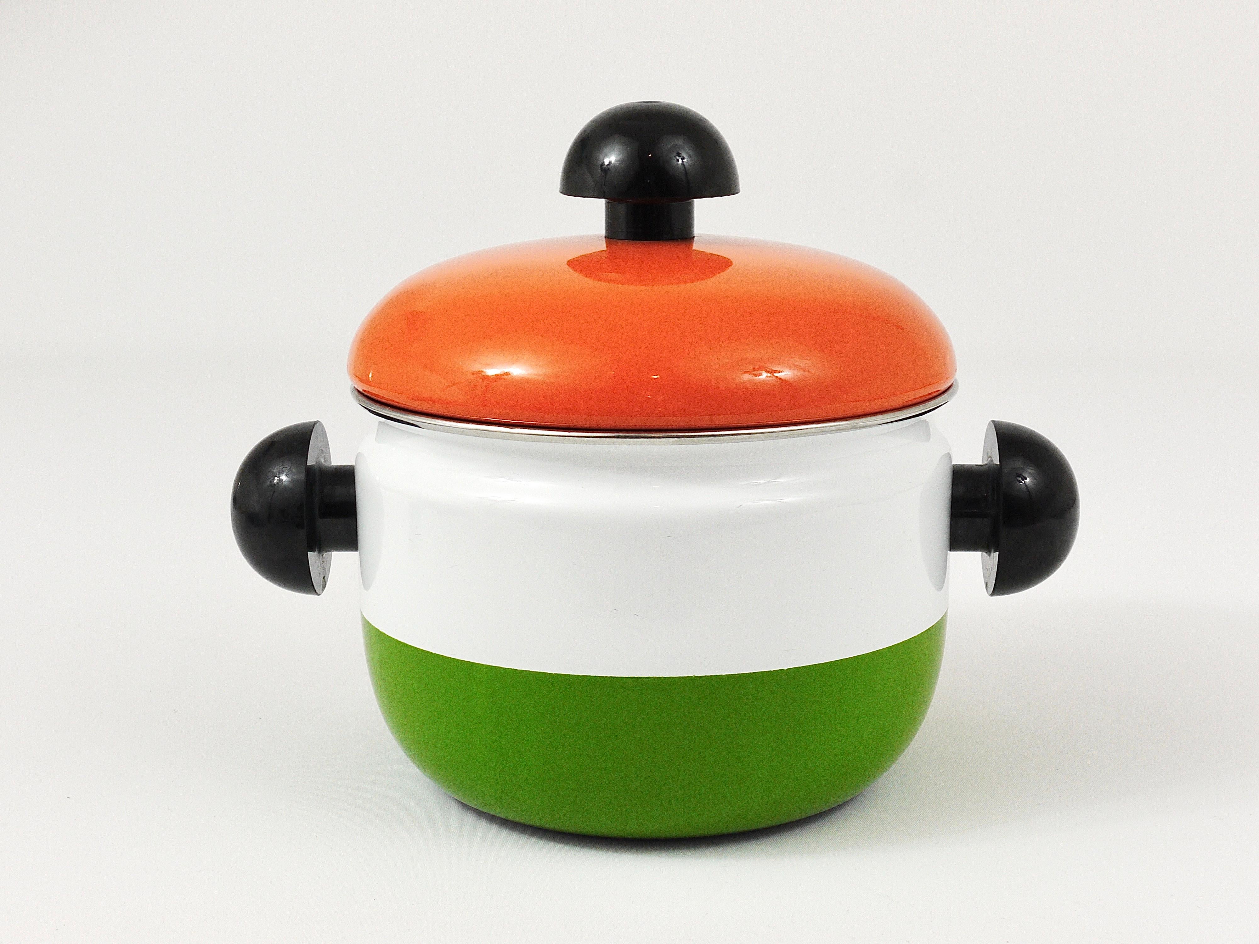 Carl Aubock Enameled Pot with Lid by Riess, Orange, White, Green, Austria, 1970s For Sale 1