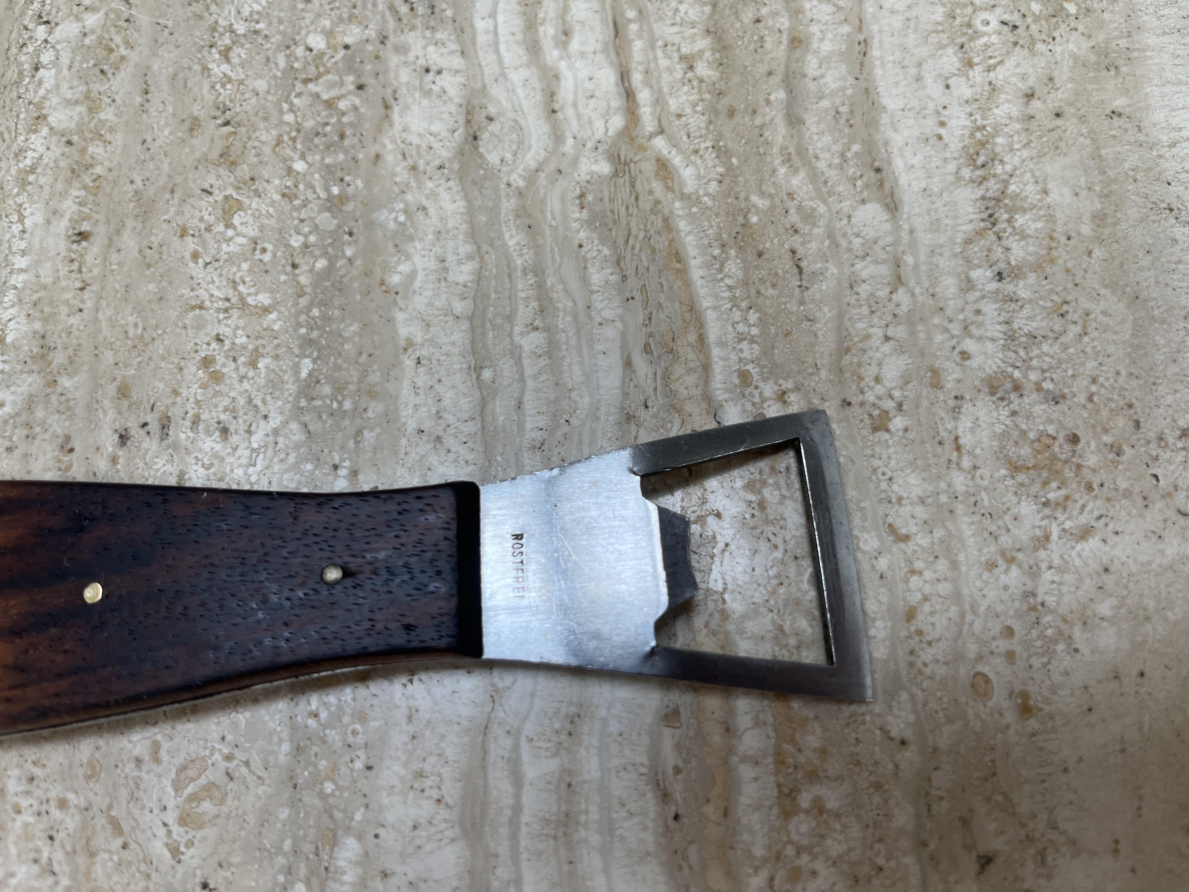 Metal Carl Auböck fish bottle opener, teak, 1950's, mid century For Sale
