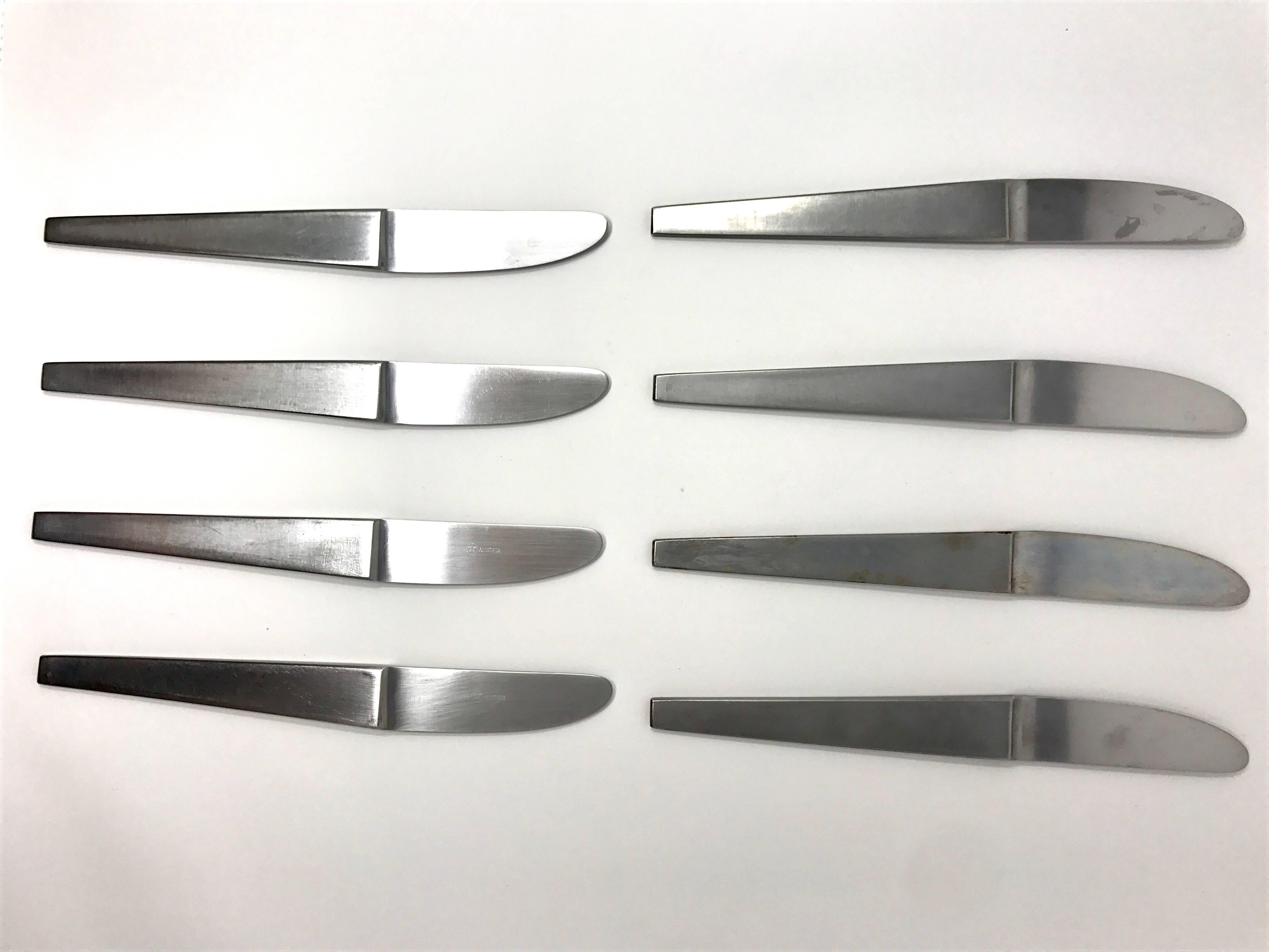 1950s 44-piece model 2060 flatware set by Carl Aubo¨ck for Amboss, Austria. 

The set consists of eight dinner knives, two dinner forks, nine tablespoons, seven butter knives, 14 salad forks, and four teaspoons. Each piece is marked with the
