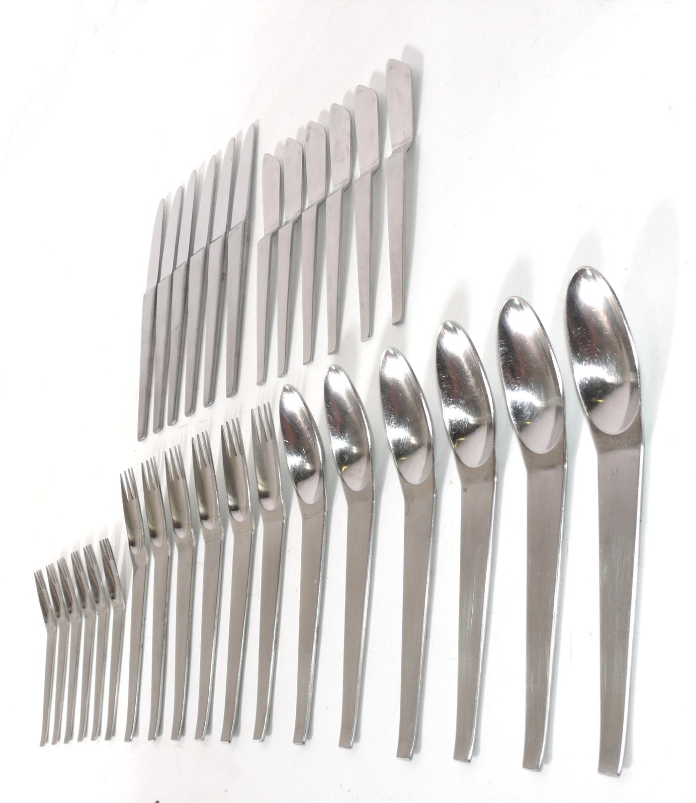 Moderniststainless steel flatware set, designed by Carl Aubock for Amboss, Austria, circa 1960s. This is a 5 piece set for 6 guests, 30 pieces total. It is constructed of dishwasher safe stainless steel, making it a great choice for a 