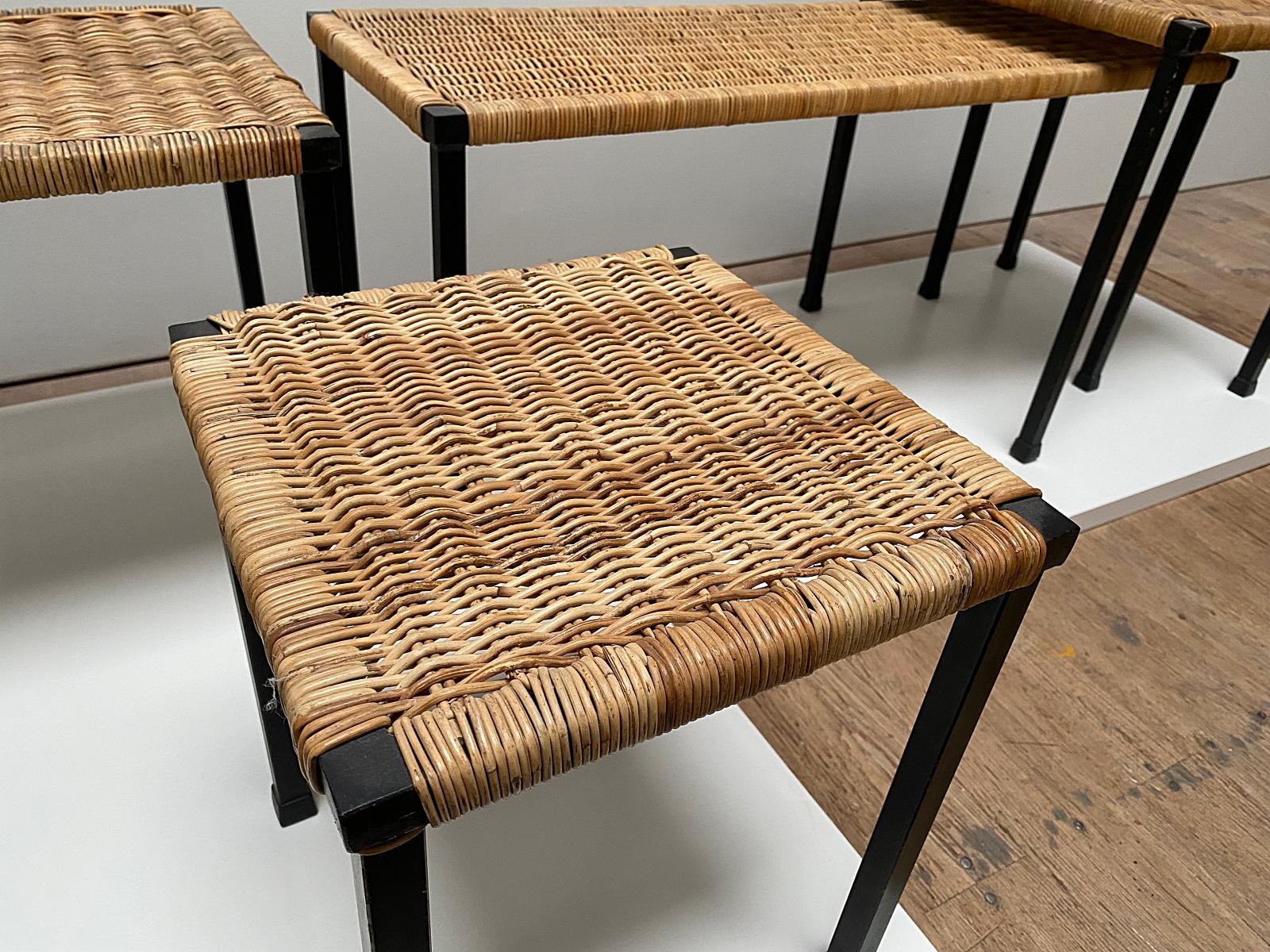 Metal Carl Auböck Four Rare Midcentury Rattan Couch Tables, 1980s, Austria For Sale