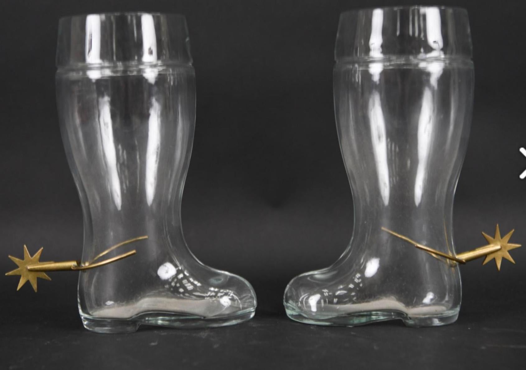 Carl Aubock glass boot, brass spur Art Deco glass caraffe, vase, 1950s, Austria. Glass vase or pitcher.  Listing is for single boot.  Glass marked Austria, one spur marked, the other signed. Dimensions: H 9.5