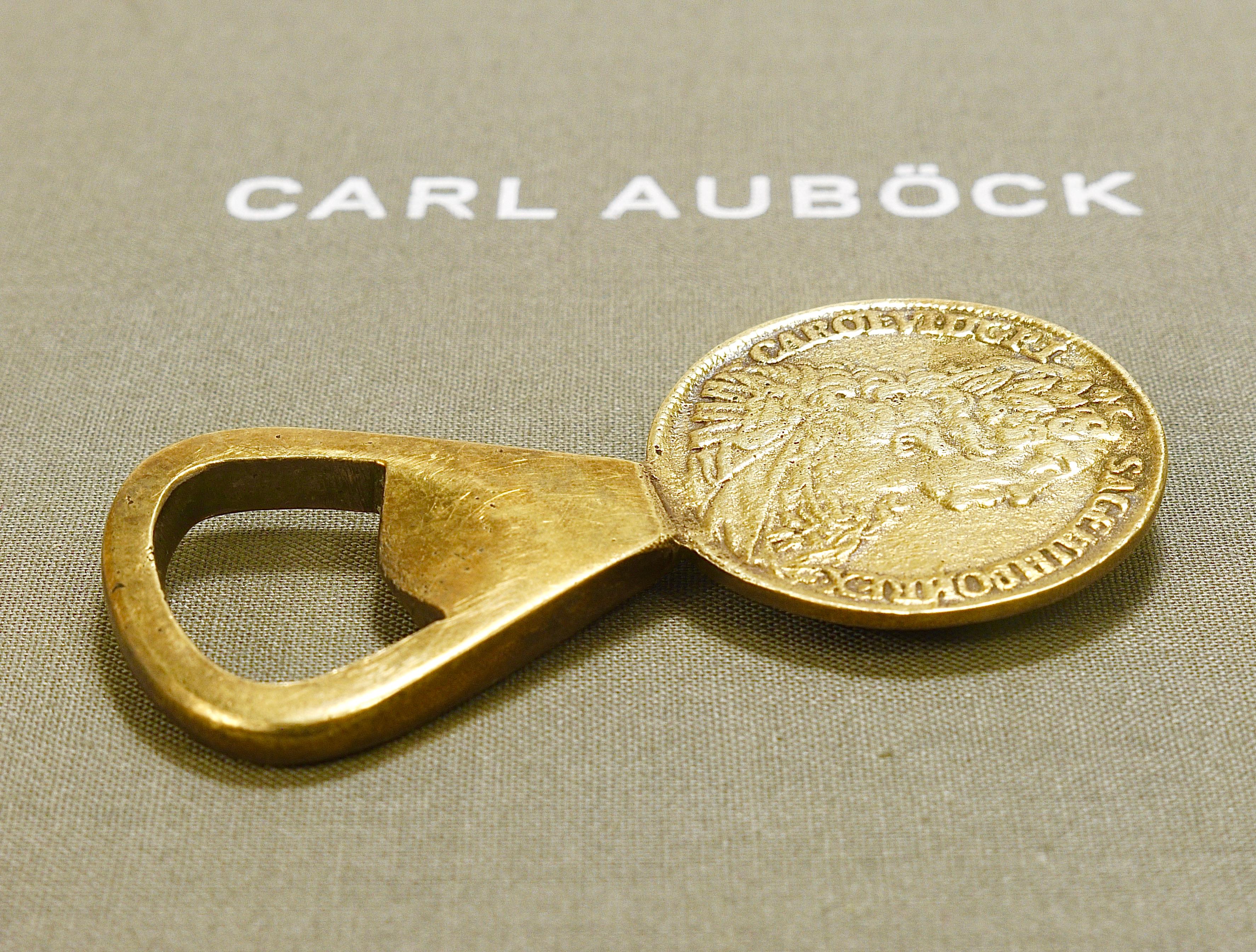 Mid-Century Modern Carl Auböck II  Brass Bottle Opener, Maria Theresia Coin,  Austria, 1950s For Sale
