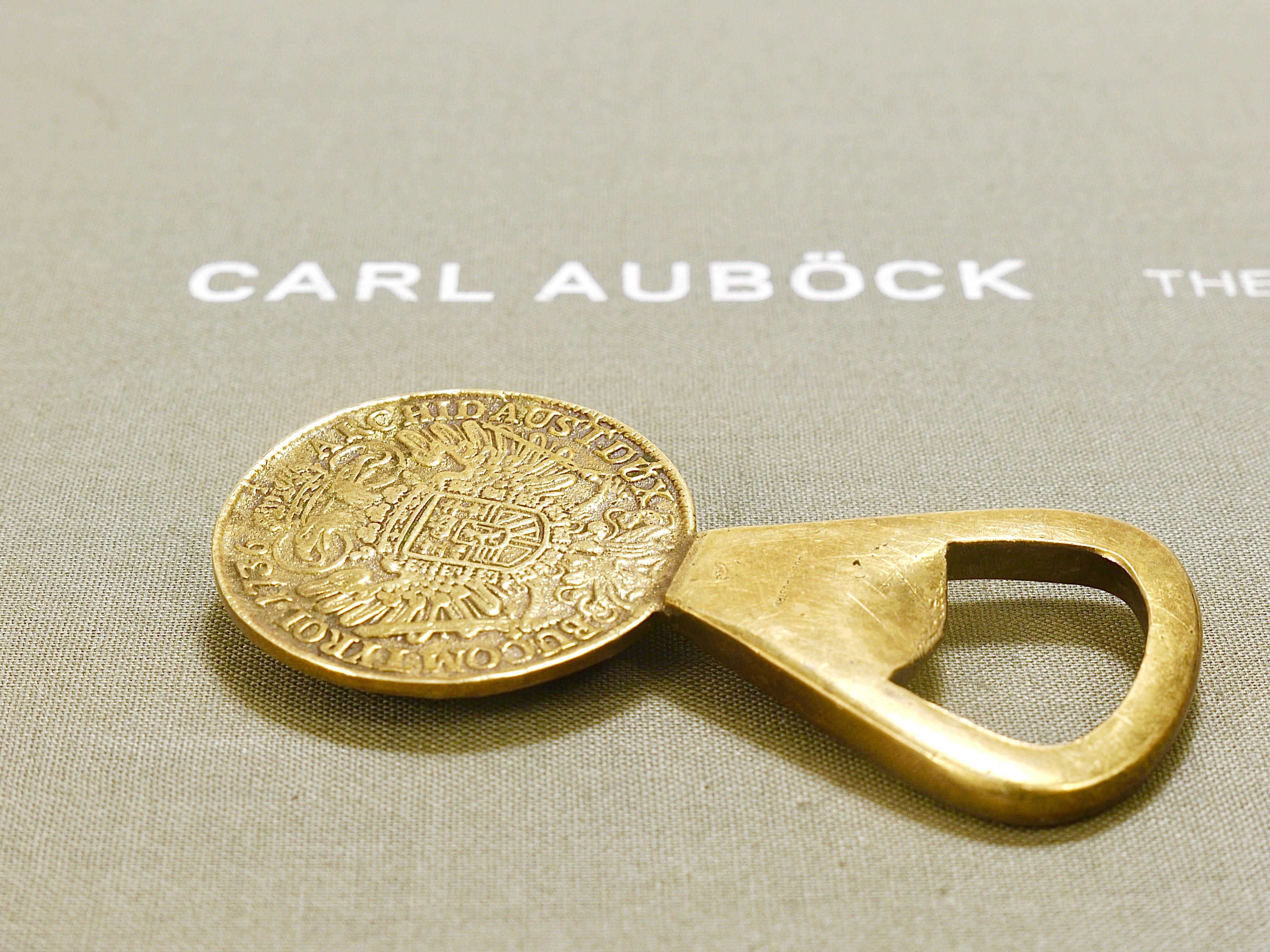 Austrian Carl Auböck II  Brass Bottle Opener, Maria Theresia Coin,  Austria, 1950s For Sale