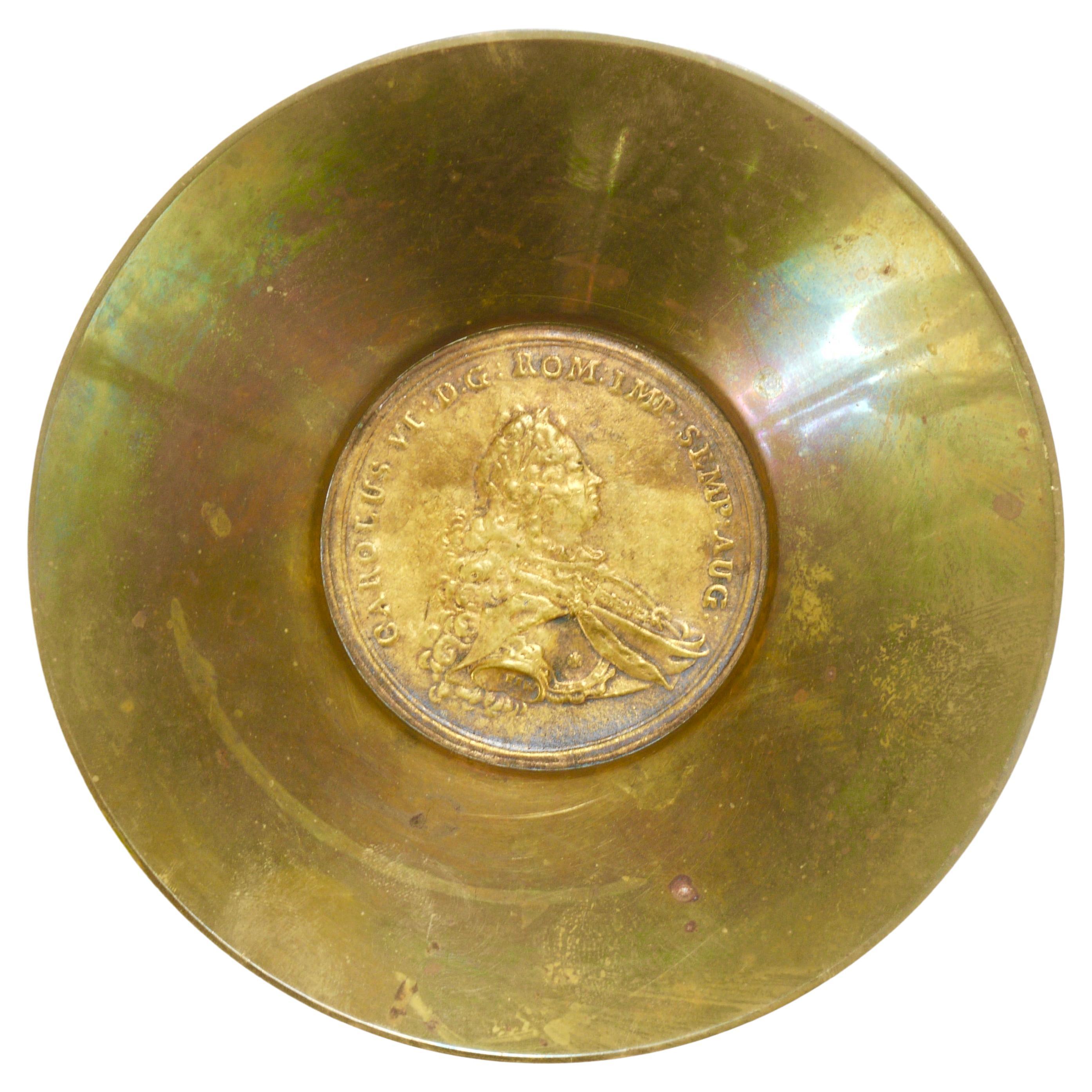 Carl Auböck II  Brass Tray, Bowl, Vide-Poche, Maria Theresia Coin, Austria, 1950 For Sale