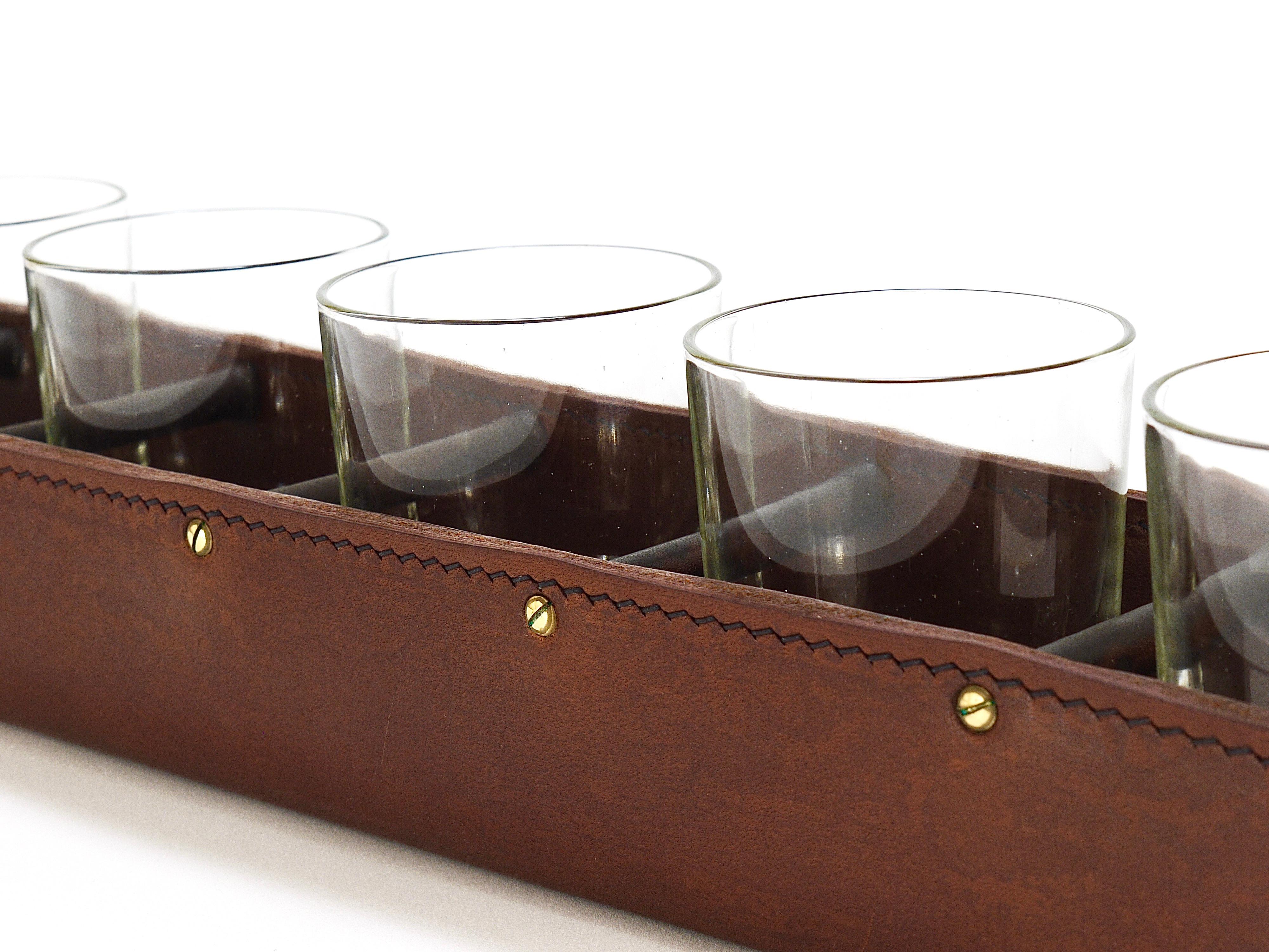 Carl Auböck II Drinking Glass Carrying Rack, Leather & Brass, Austria 1950s For Sale 3