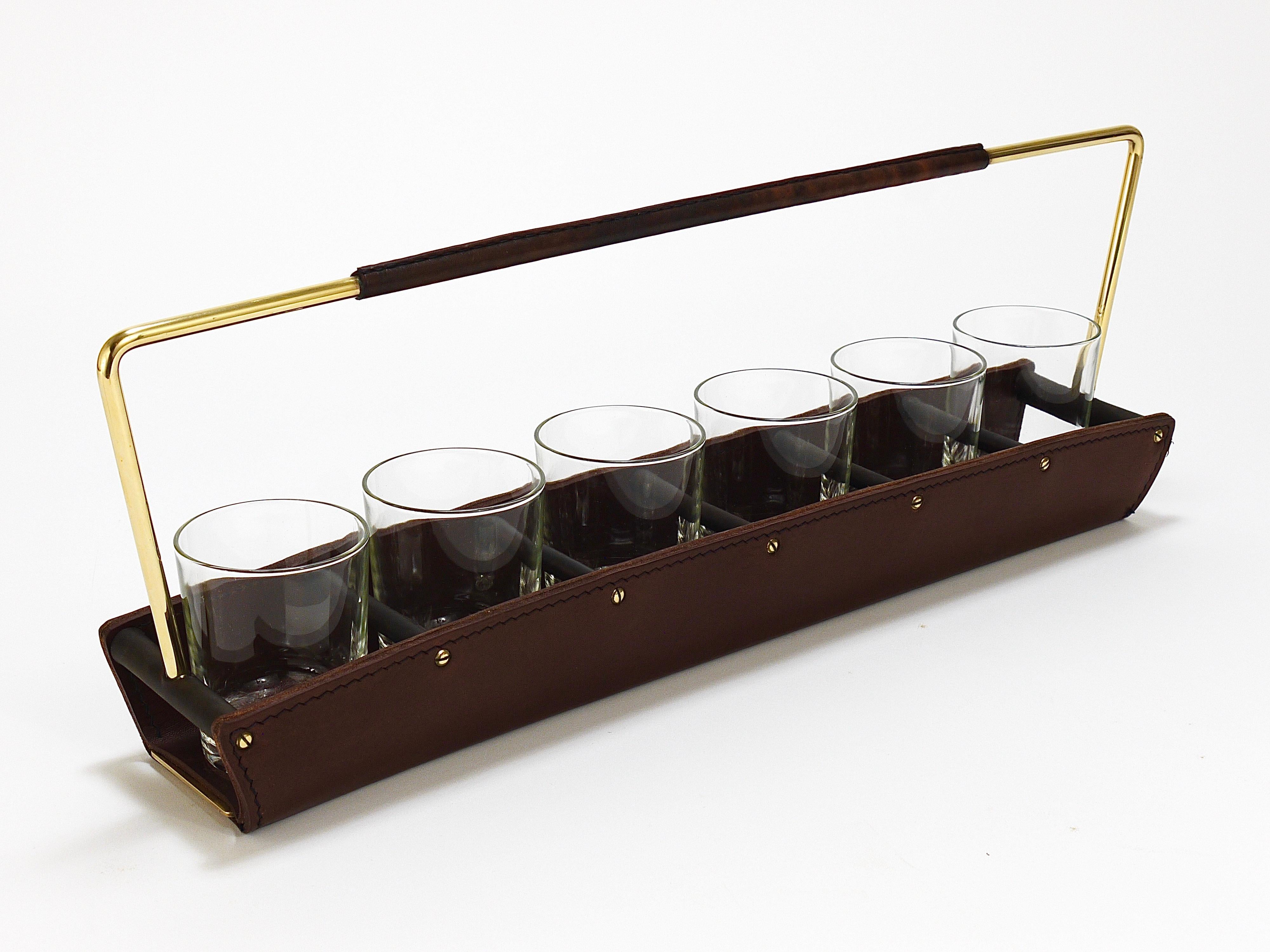 Carl Auböck II Drinking Glass Carrying Rack, Leather & Brass, Austria 1950s For Sale 6