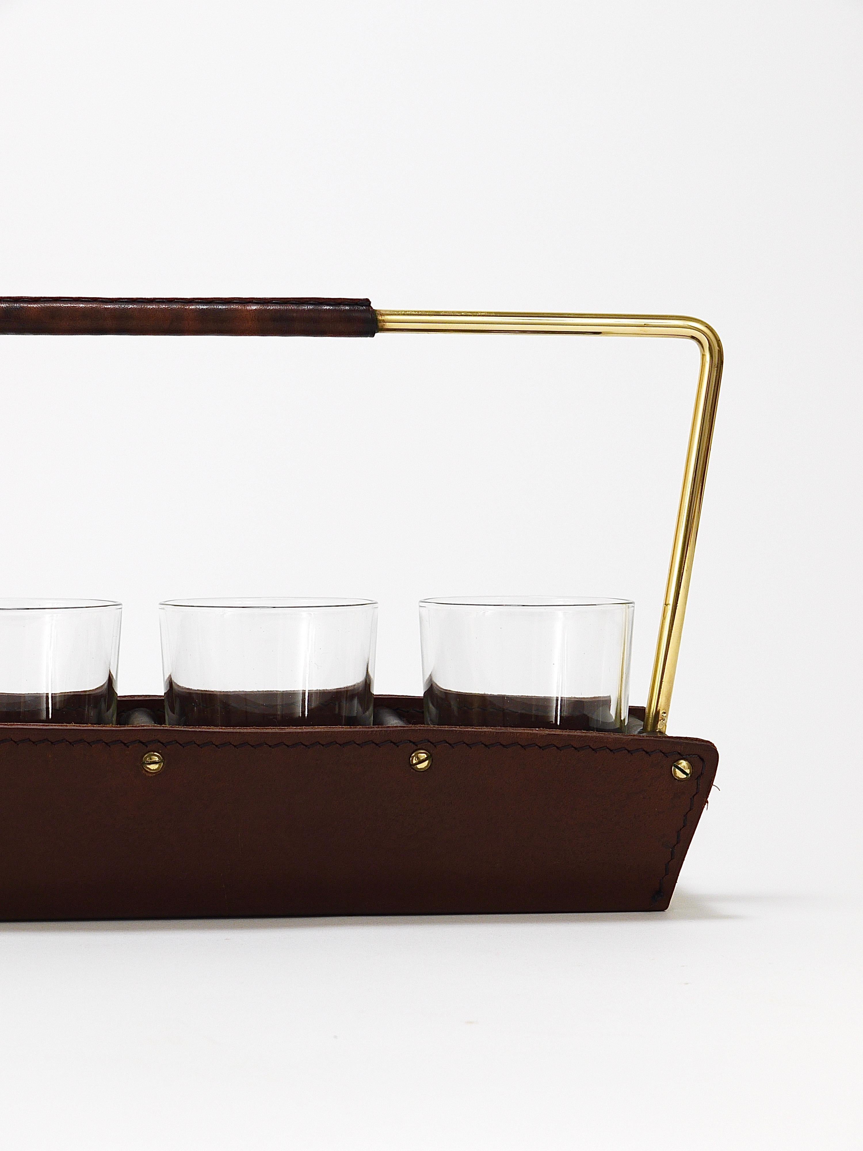 Carl Auböck II Drinking Glass Carrying Rack, Leather & Brass, Austria 1950s For Sale 7